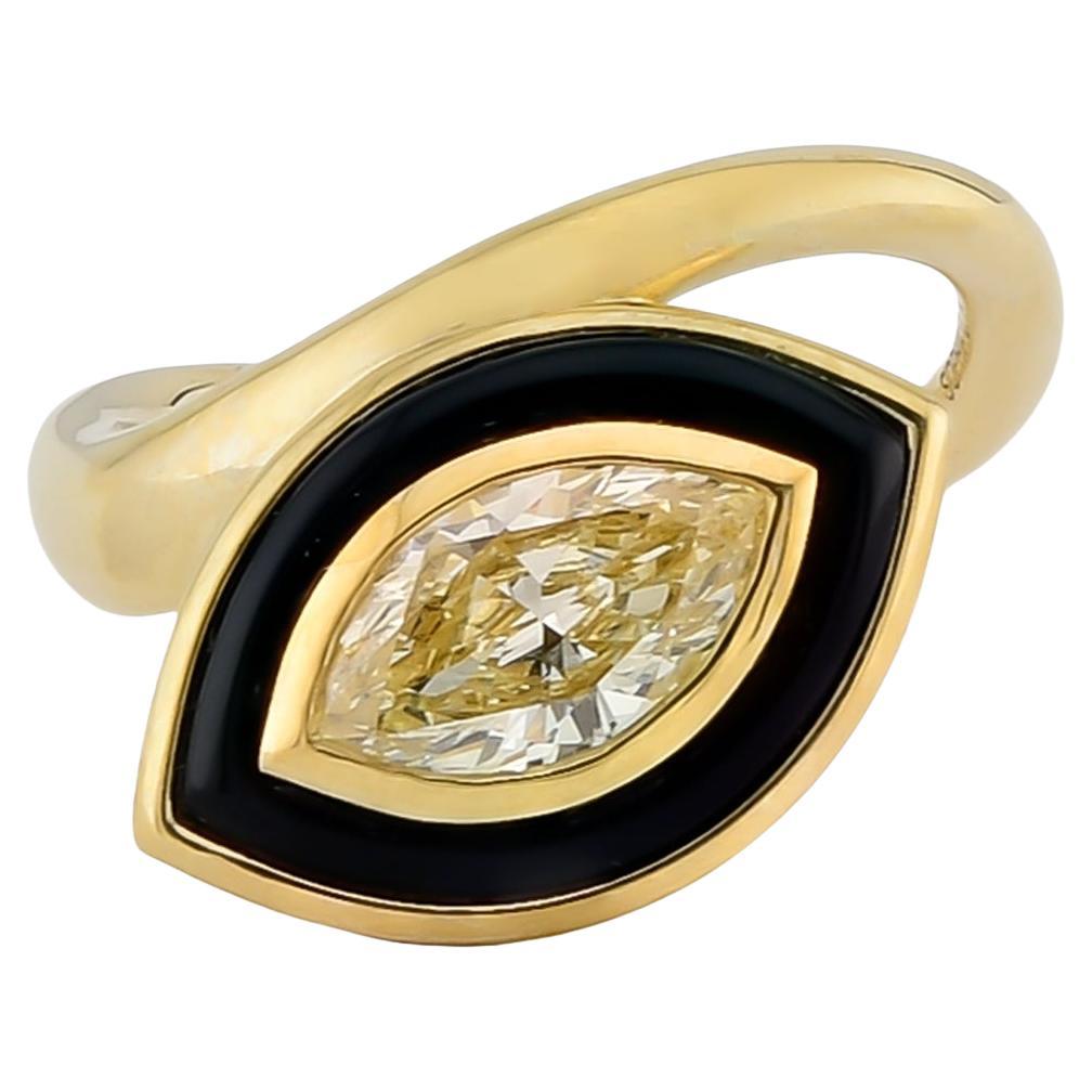 Anello con diamante e onice marquise Sophia D. in oro giallo 18 carati in vendita