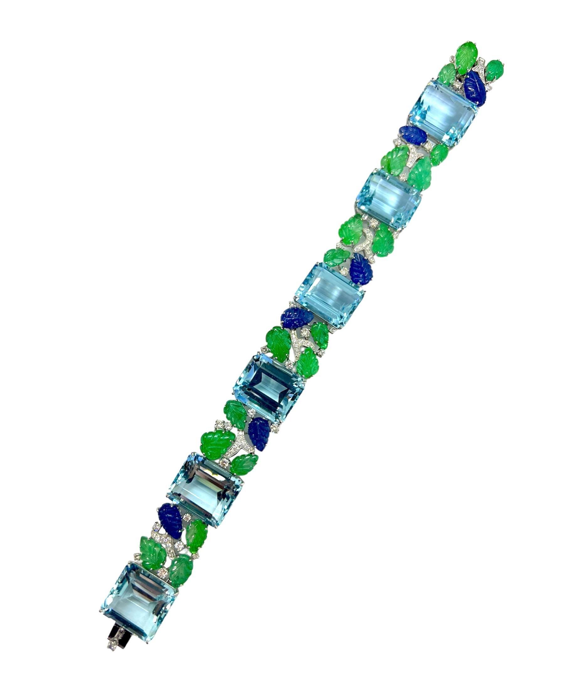 A multi-gem bracelet set in platinum with 122.15 carat of Aquamarine, 19.48 carat Emerald and 1.91 carat diamond.

Sophia D by Joseph Dardashti LTD has been known worldwide for 35 years and are inspired by classic Art Deco design that merges with