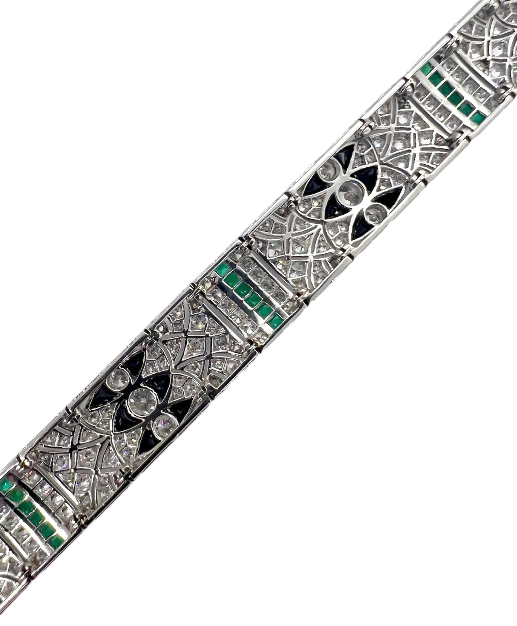 Round Cut Sophia D. Onyx, Emerald and Diamond Art Deco Bracelet For Sale