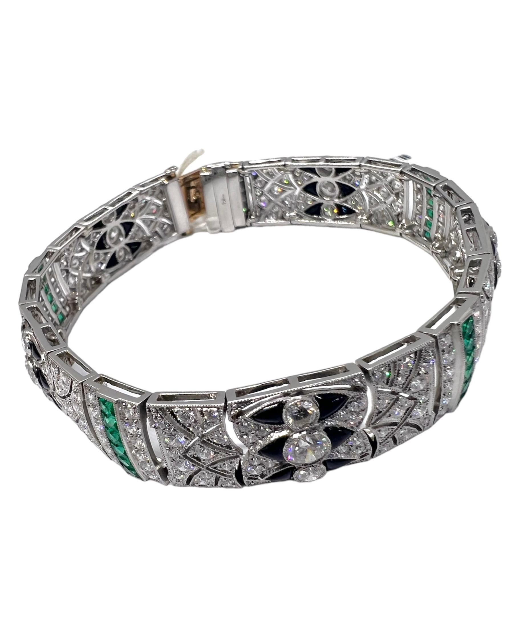 Sophia D. Art-Déco-Armband mit Onyx, Smaragd und Diamant (Rundschliff) im Angebot