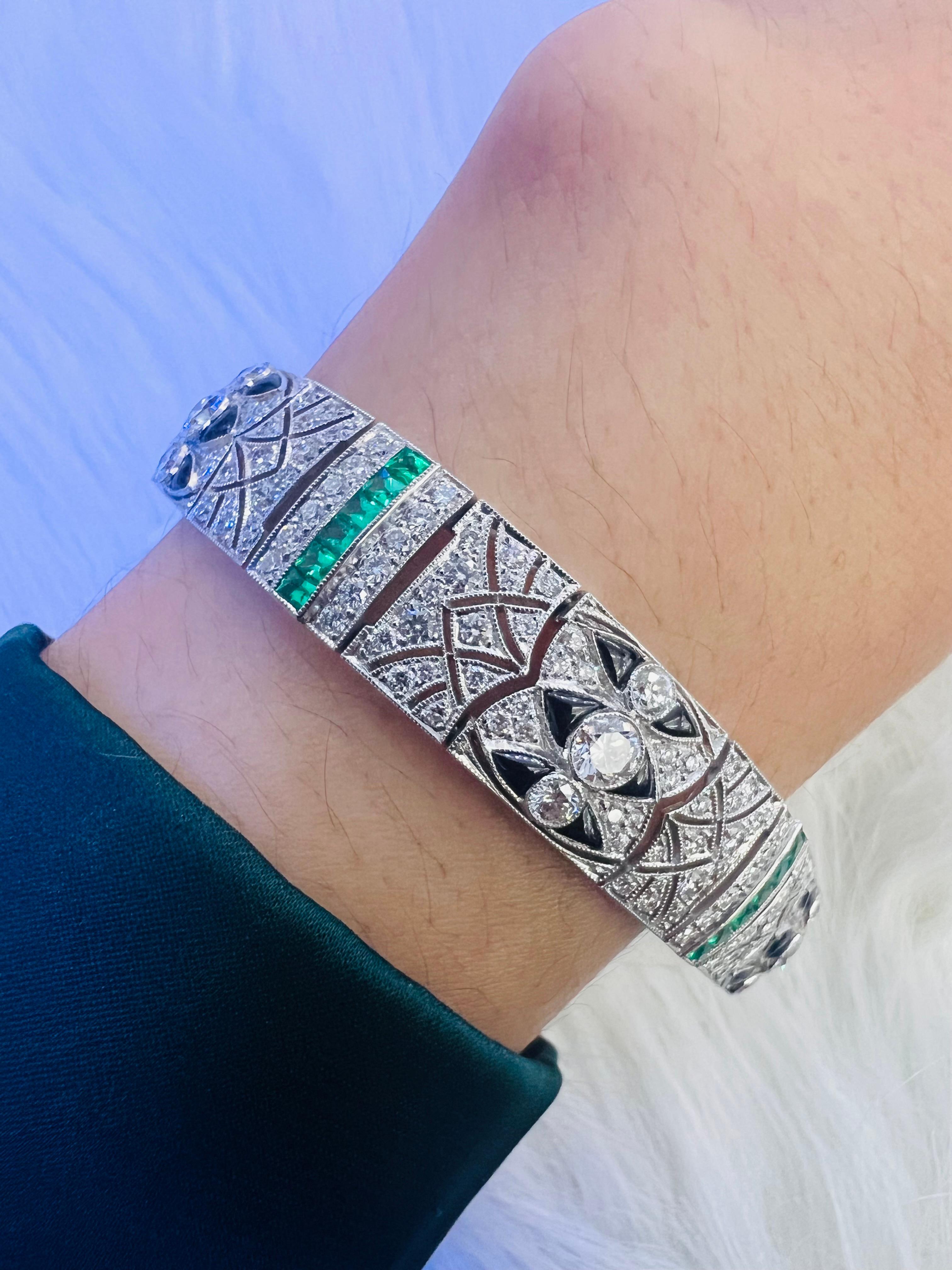 Women's or Men's Sophia D. Onyx, Emerald and Diamond Art Deco Bracelet For Sale