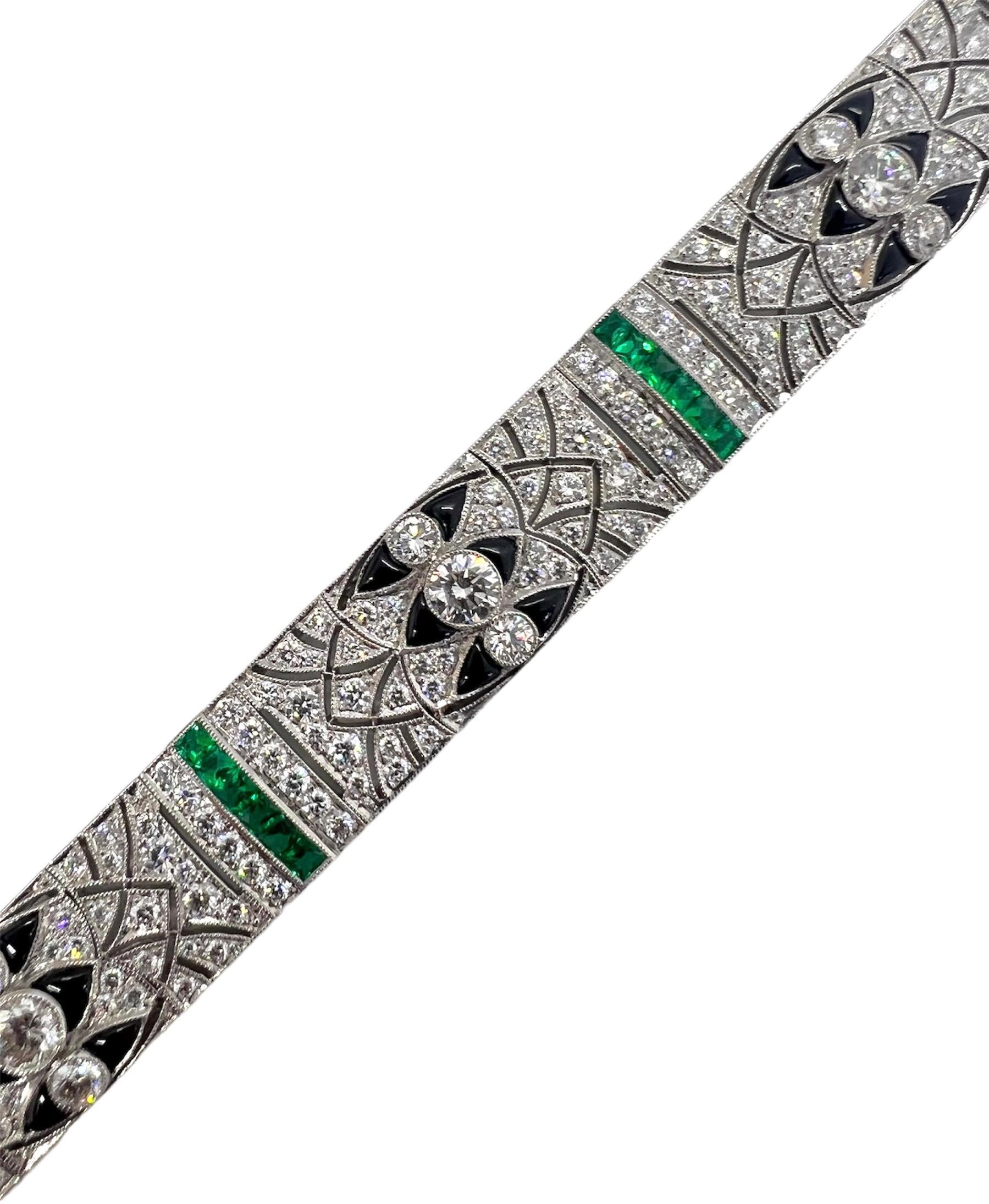 Sophia D. Onyx, Emerald and Diamond Art Deco Bracelet For Sale 1