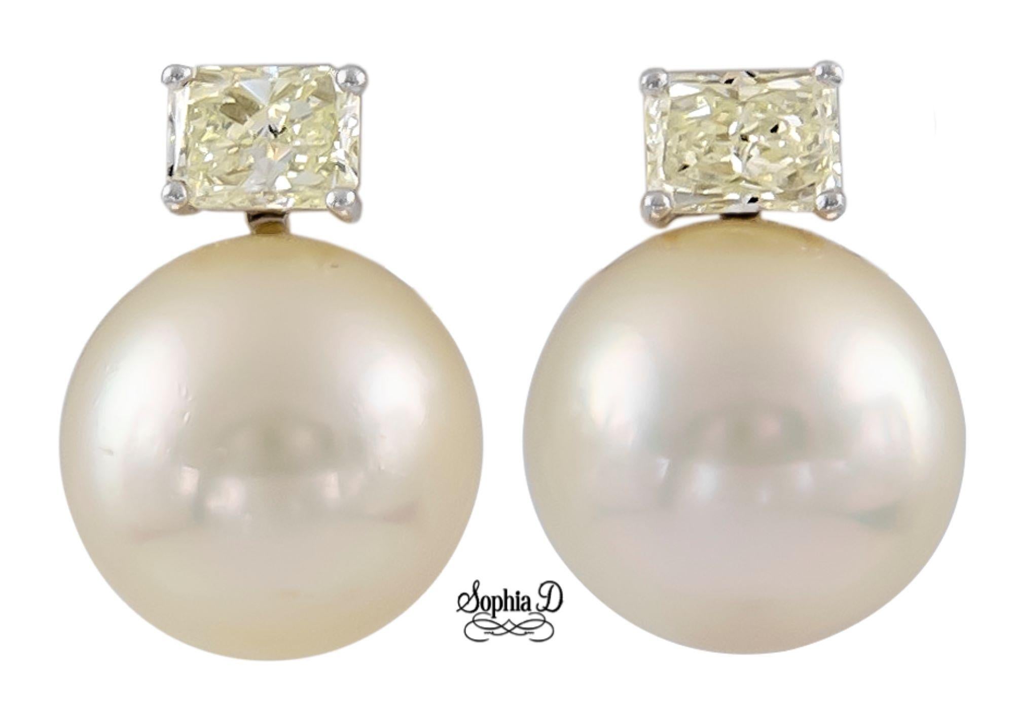 Square Cut Sophia D. Pearl and Diamond Earrings For Sale