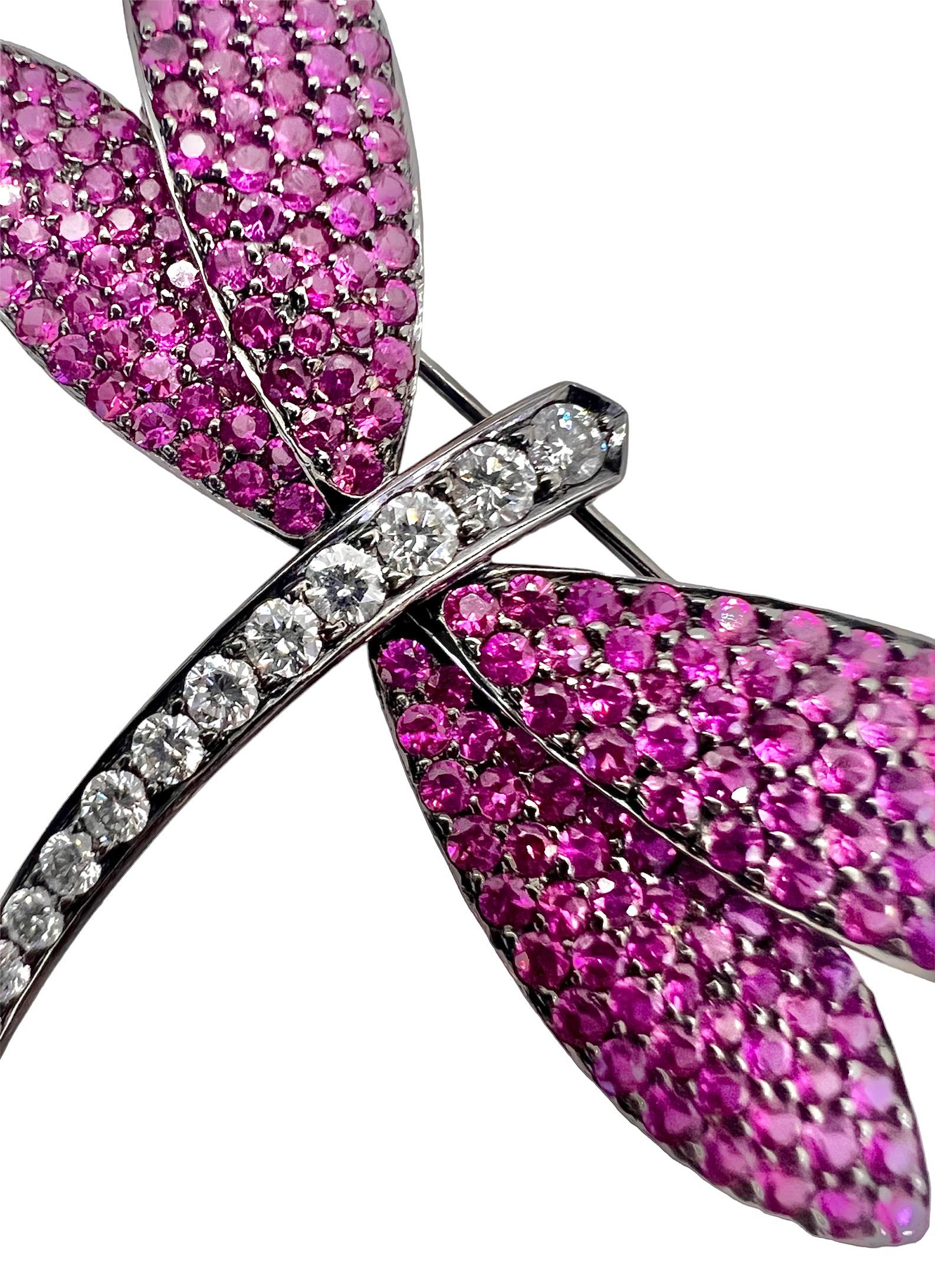 Art Deco Sophia D. Pink Sapphire Dragonfly Platinum Brooch For Sale