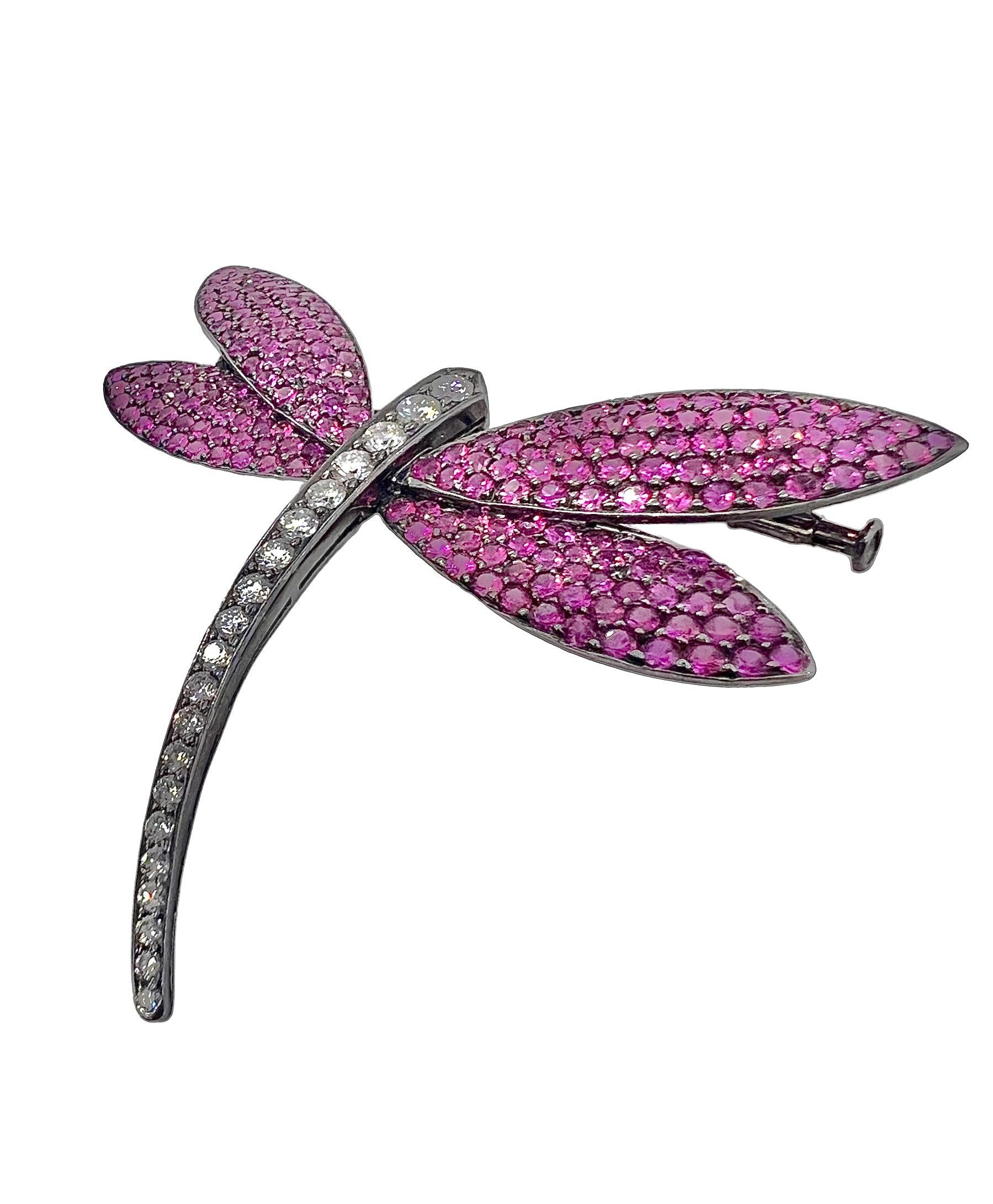 Round Cut Sophia D. Pink Sapphire Dragonfly Platinum Brooch For Sale