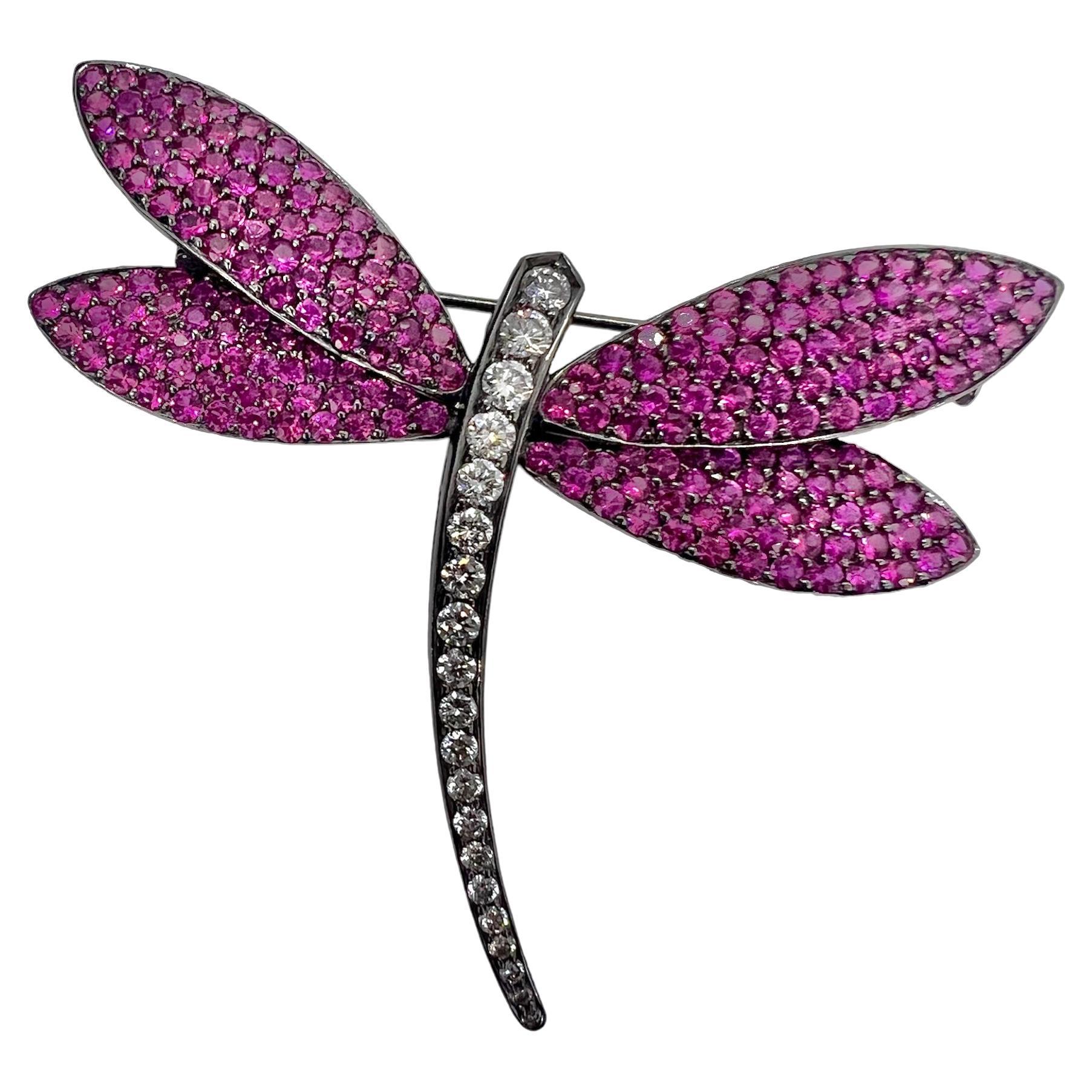 Sophia D. Pink Sapphire Dragonfly Platinum Brooch For Sale