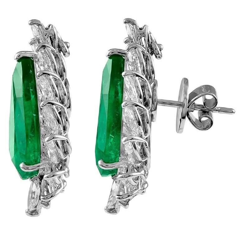 Marquise Cut Sophia D. Platinum 14.31 Carat Diamond and 13.87 Carat Emerald Earrings For Sale