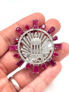 Sophia D. Platinum Brooch with Emerald-Cut Rubies and Old Mine Diamonds
