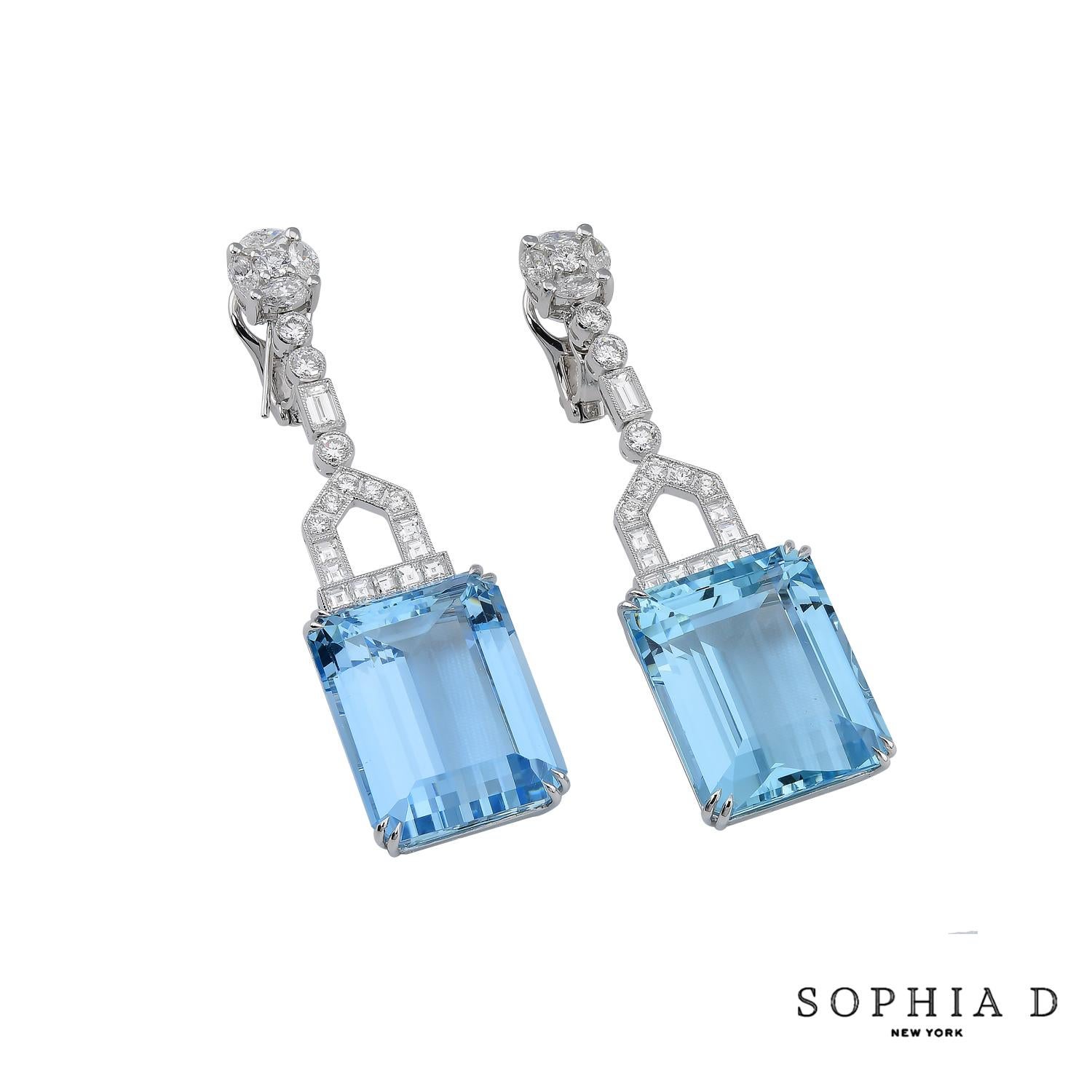Emerald Cut Sophia D Platinum Aquamarine Drop Earrings with 82.09ct Aquamarine and Diamonds For Sale