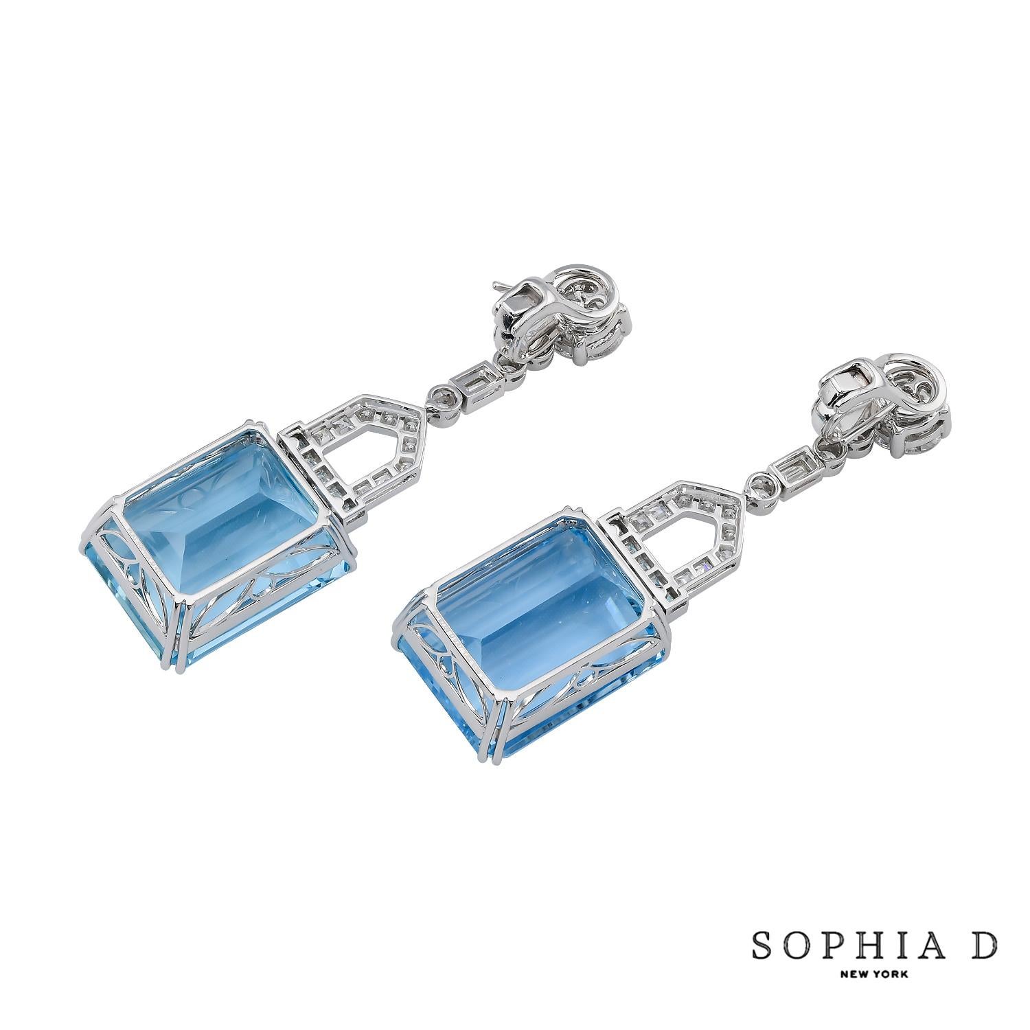 Sophia D Platinum Aquamarine Drop Earrings with 82.09ct Aquamarine and Diamonds In New Condition For Sale In New York, NY