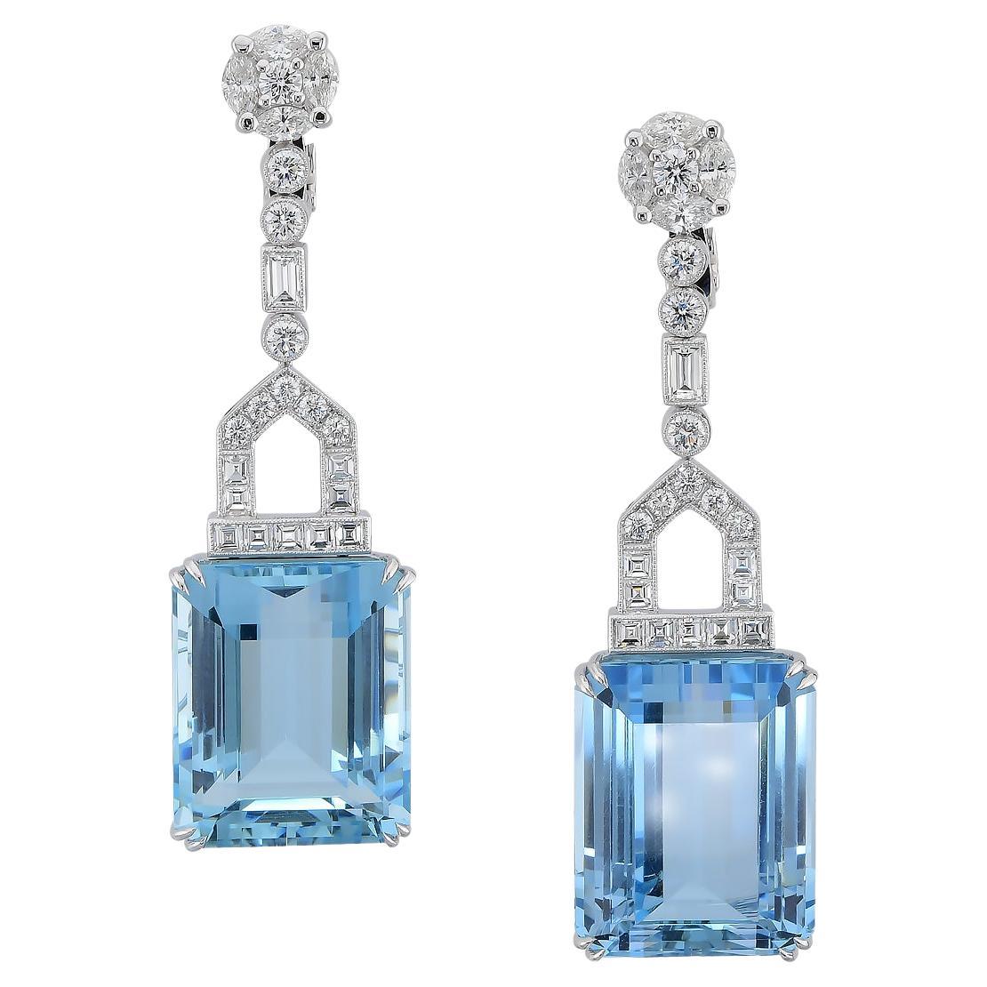 Sophia D Platinum Aquamarine Drop Earrings with 82.09ct Aquamarine and Diamonds For Sale