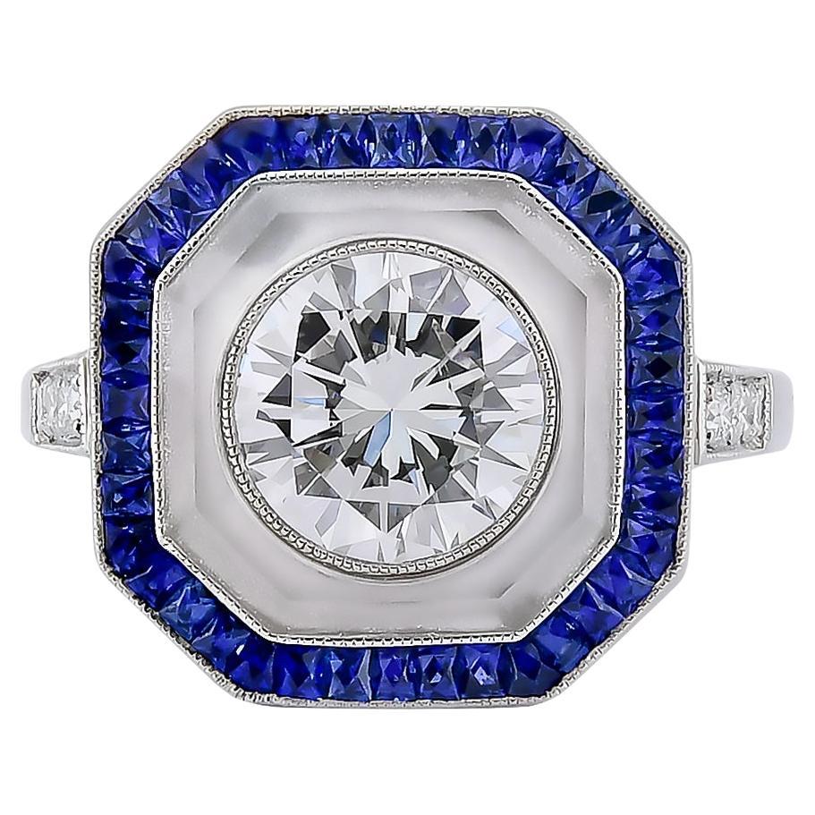 Sophia D Platinum Art Deco Style Diamond, Sapphire, and Rock Crystal Ring