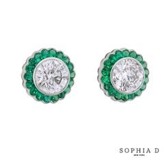 Sophia D Platinum Diamond and Emerald Halo Stud Earrings