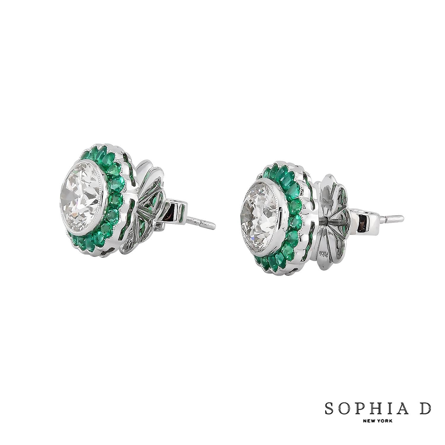 Art Deco Sophia D Platinum Diamond and Emerald Halo Stud Earrings