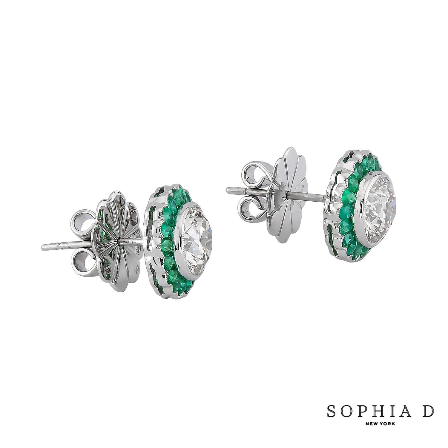Emerald Cut Sophia D Platinum Diamond and Emerald Halo Stud Earrings