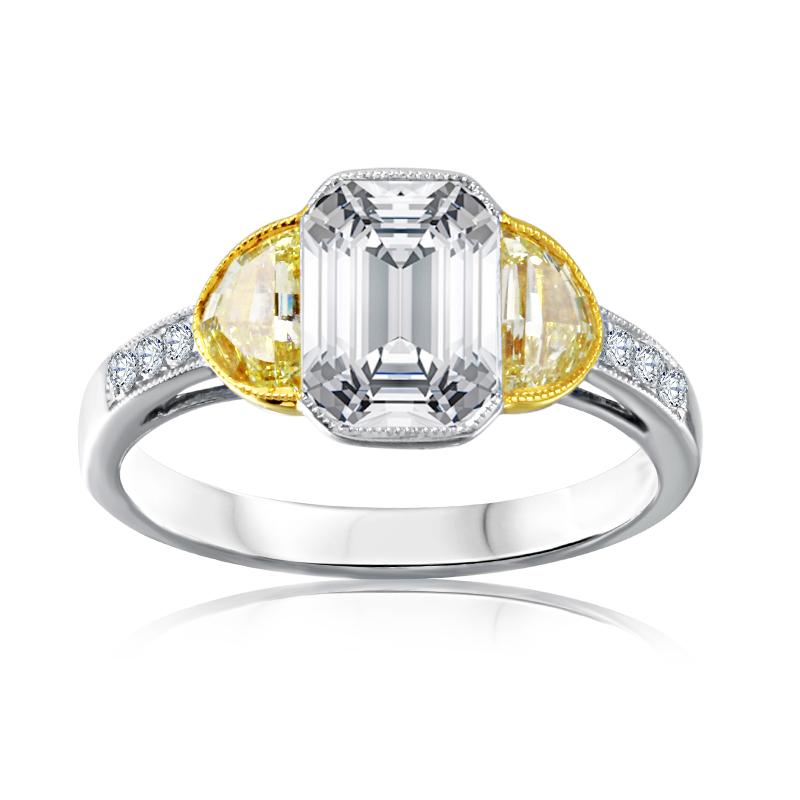 -2ct center stone engagement ring 
-2 half moons fancy yellow (.5 ct each) 
-2 side stones 
-Size: 6.75