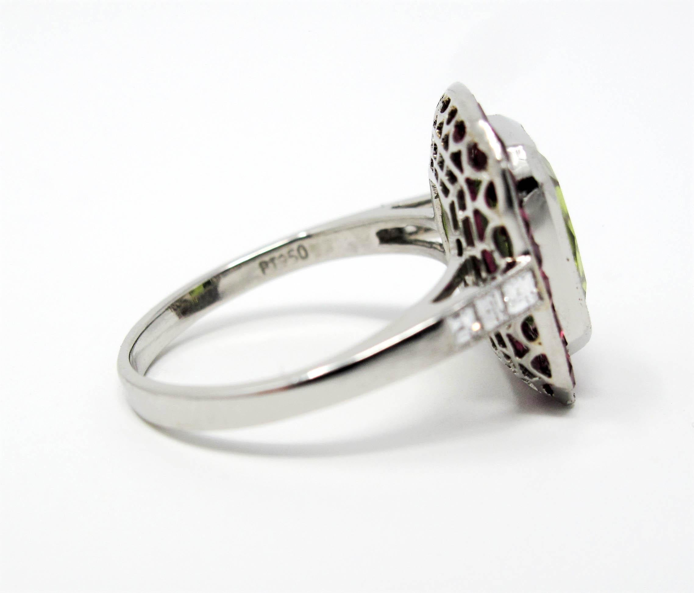 Contemporary Sophia D. Rectangular Cut Peridot Cocktail Ring with Ruby and Diamond Accents For Sale