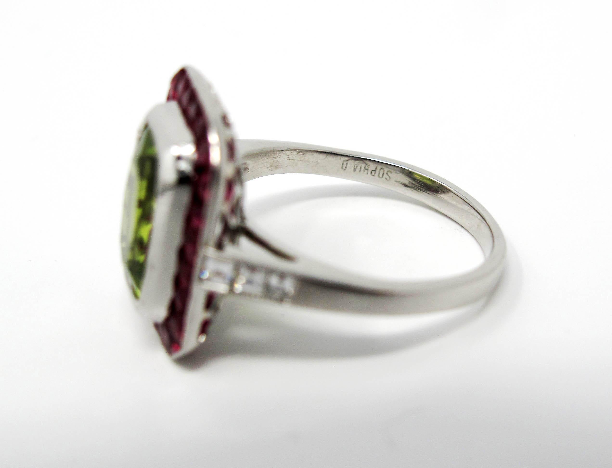 Radiant Cut Sophia D. Rectangular Cut Peridot Cocktail Ring with Ruby and Diamond Accents For Sale