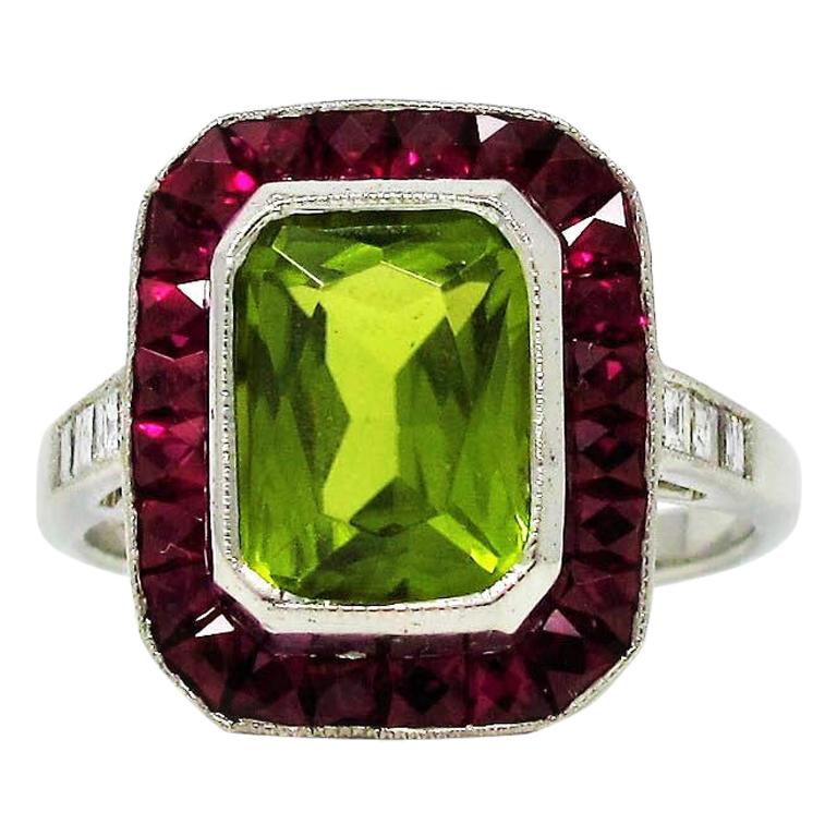 Sophia D. Rectangular Cut Peridot Cocktail Ring with Ruby and Diamond Accents