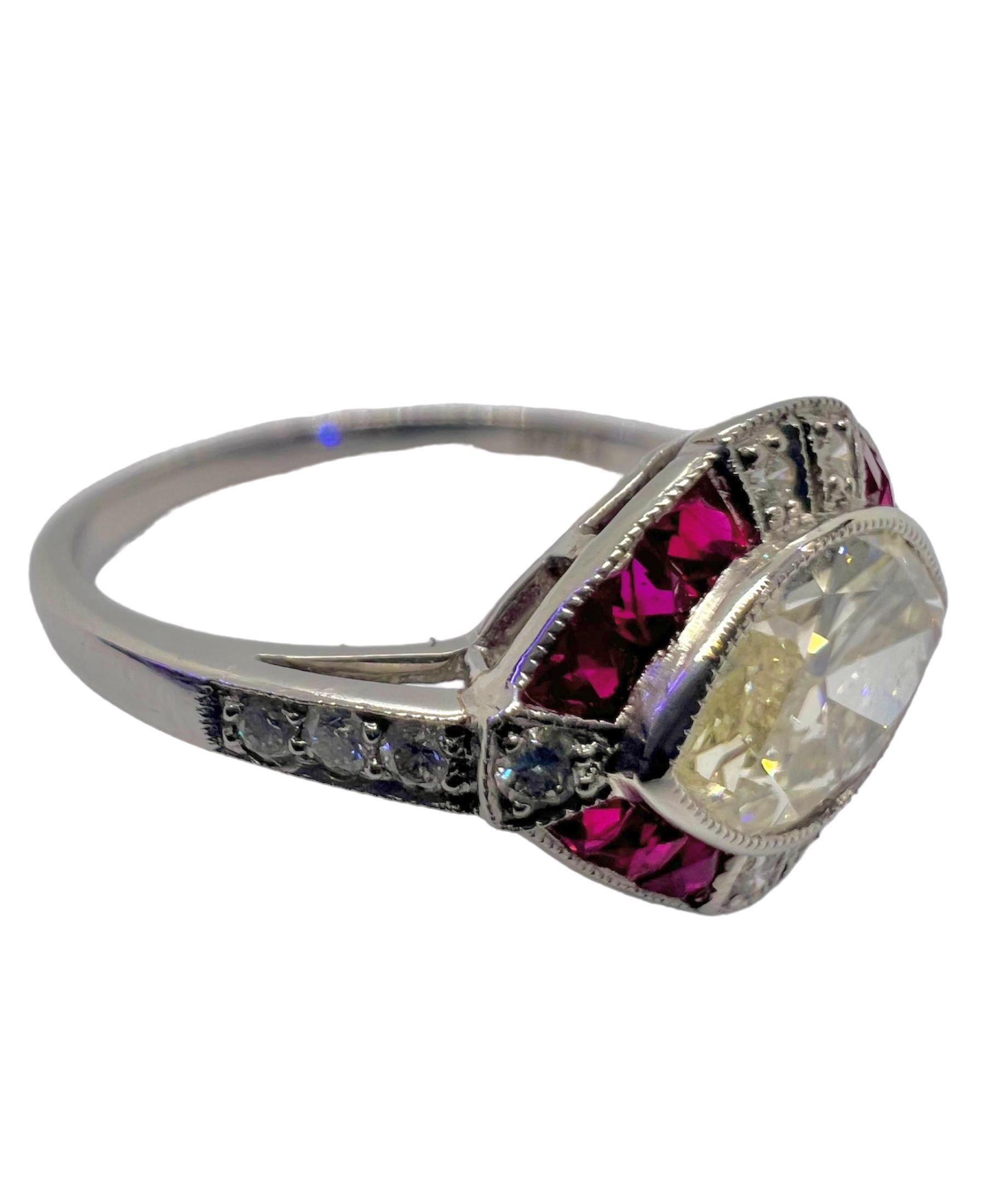 Art deco style ring set in platinum that features a 1.00 carat marquise cut center diamond, 0.94 carat ruby and 0.14 carat diamond.

Sophia D by Joseph Dardashti LTD has been known worldwide for 35 years and are inspired by classic Art Deco design