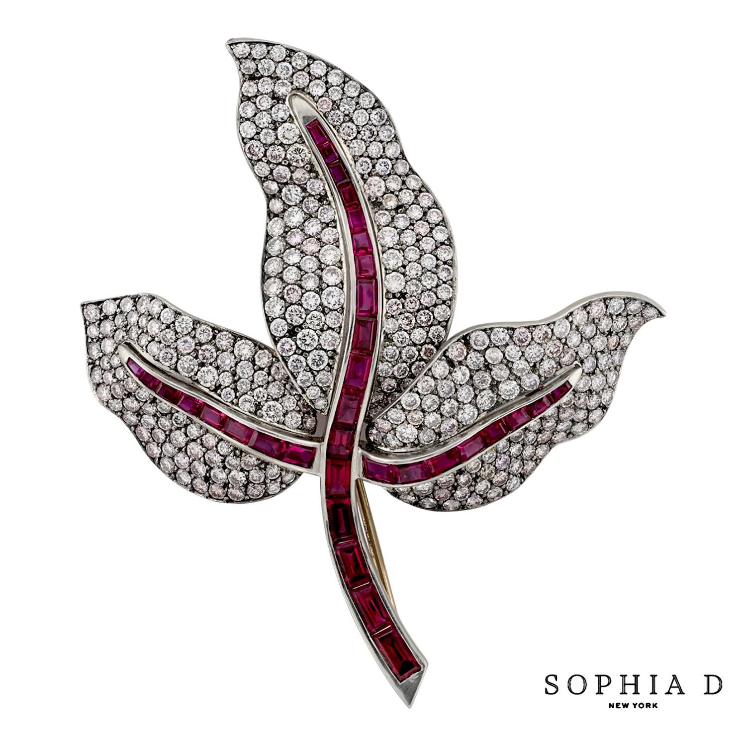 Este broche Sophia D presenta un cautivador diseño de hoja elaborado en platino. Presenta un rubí central de 3,59 quilates. Alrededor del rubí hay diamantes que suman 7,06 quilates, meticulosamente engastados para realzar su brillo y complementar el