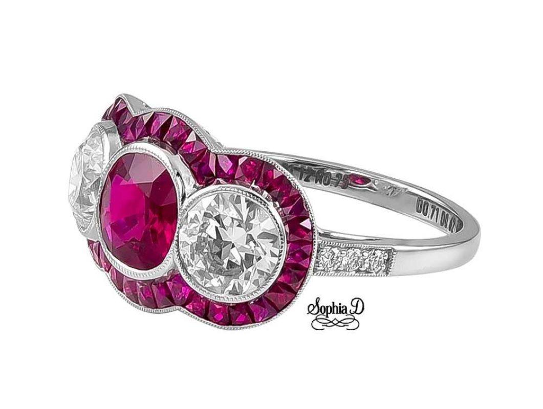 Art Deco Sophia D. Ruby and Diamond Three Stone Platinum Ring For Sale