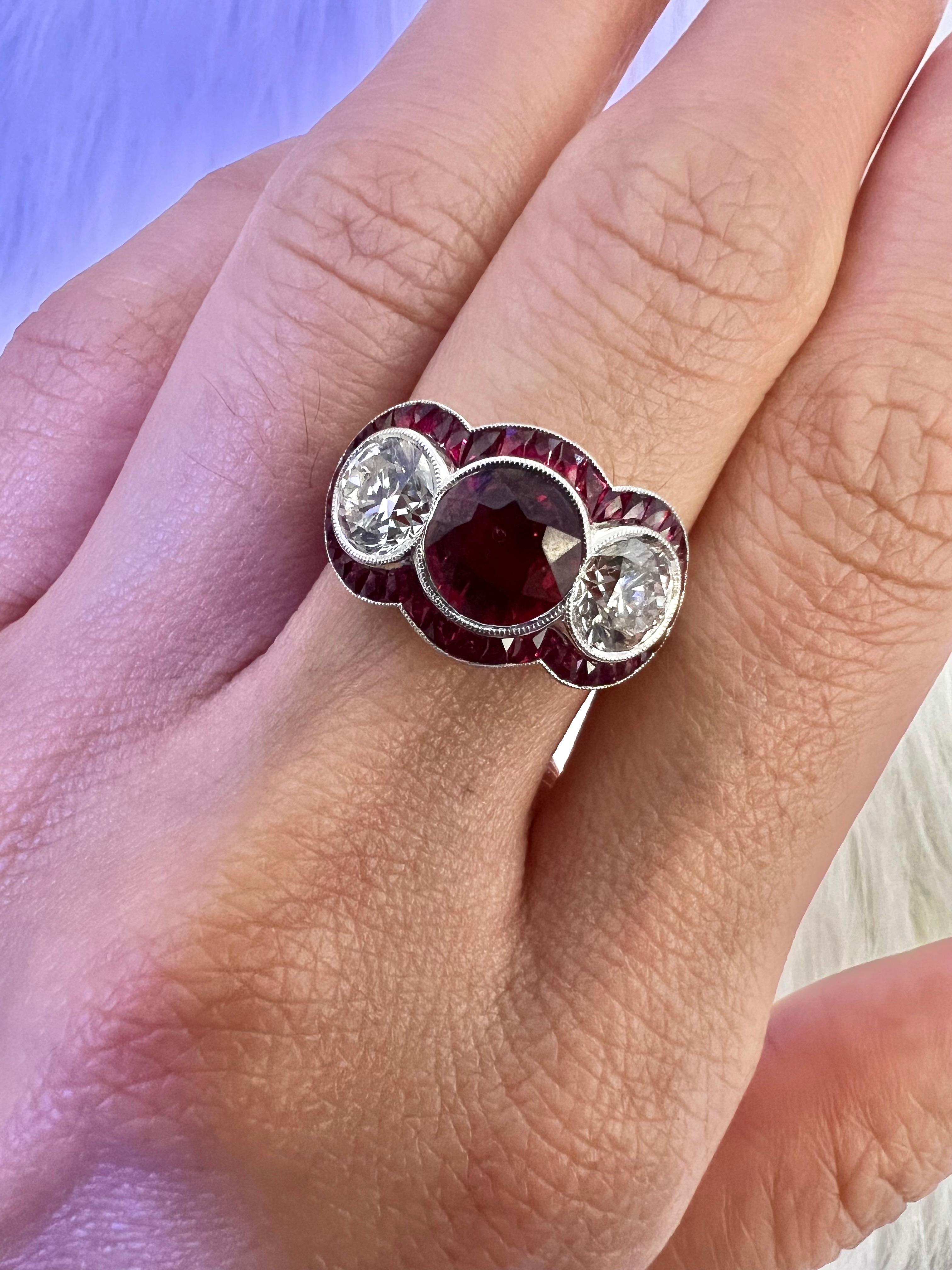 Round Cut Sophia D. Ruby and Diamond Three Stone Platinum Ring For Sale