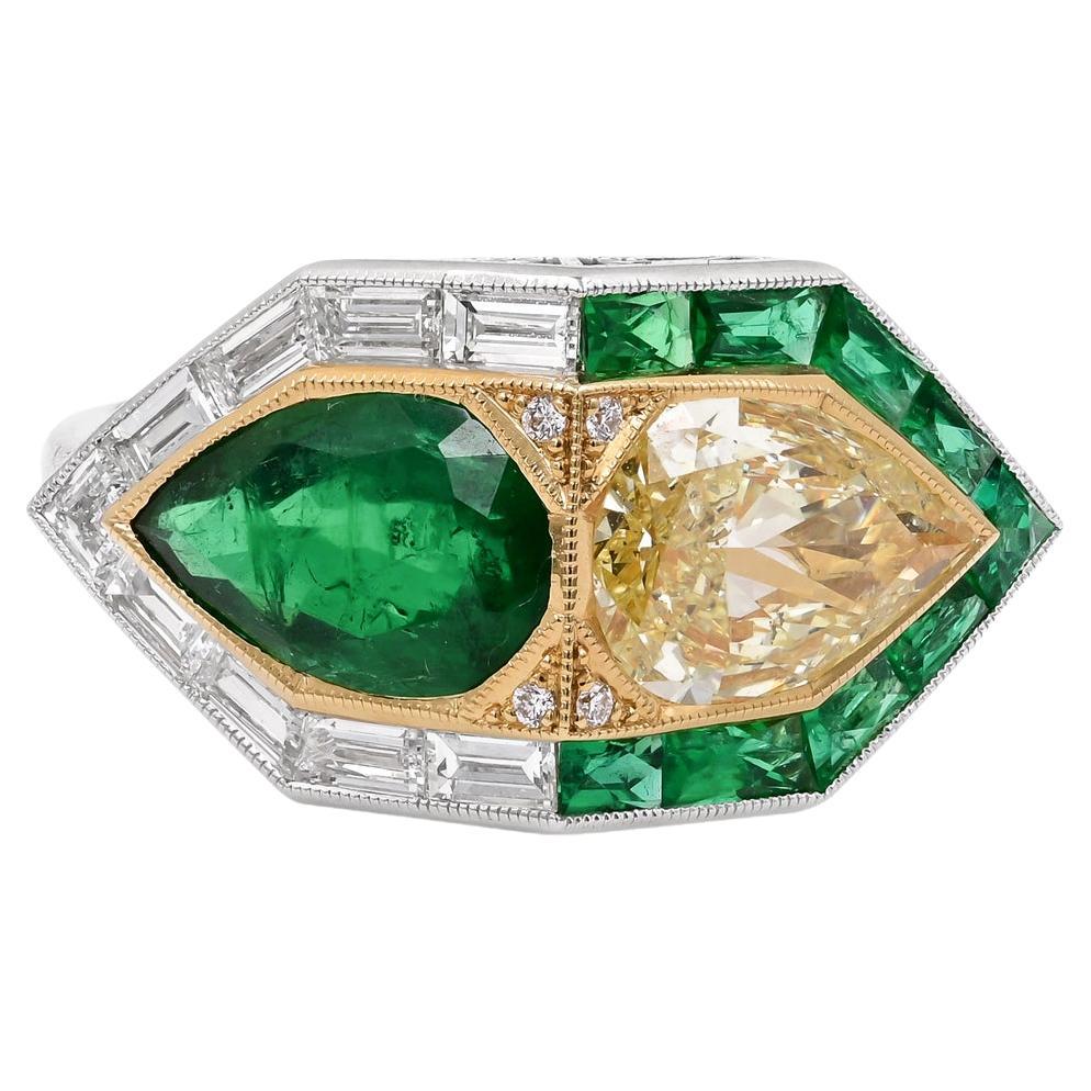 Sophia D. S Deco Ring with Emerald and Yellow Diamond For Sale