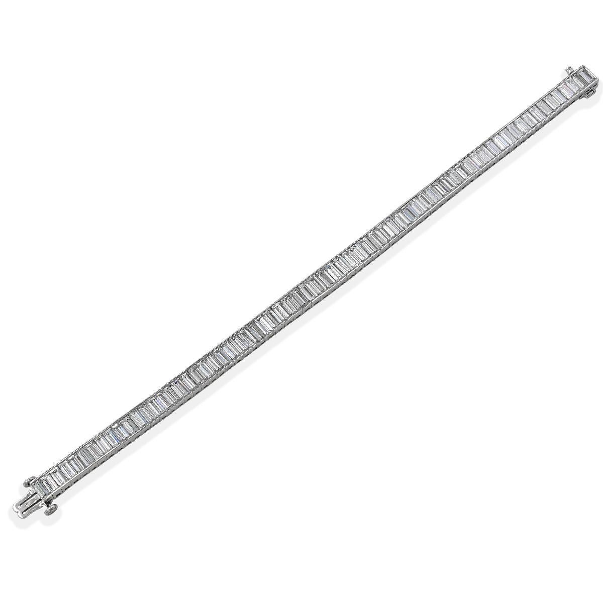 A Sophia D tennis bracelet featuring 68 baguette cut bezel diamonds weighing 16.93  carats set in platinum.

This bracelet is available in several total carat weights.

Standard size, 7 inches.

Please allow up to 16 weeks for customized