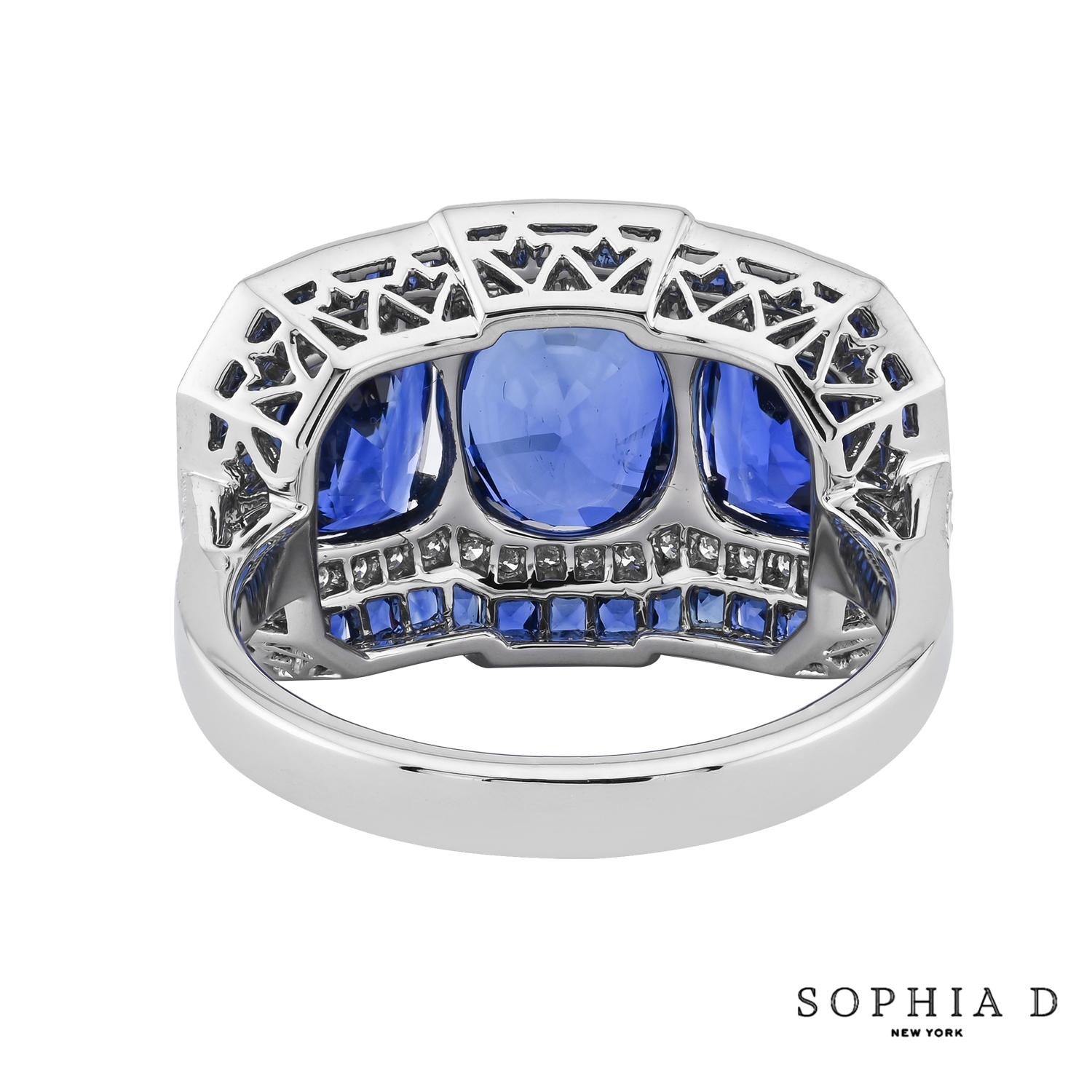 Cushion Cut Sophia D. Three-Stone Blue Sapphire Ring For Sale