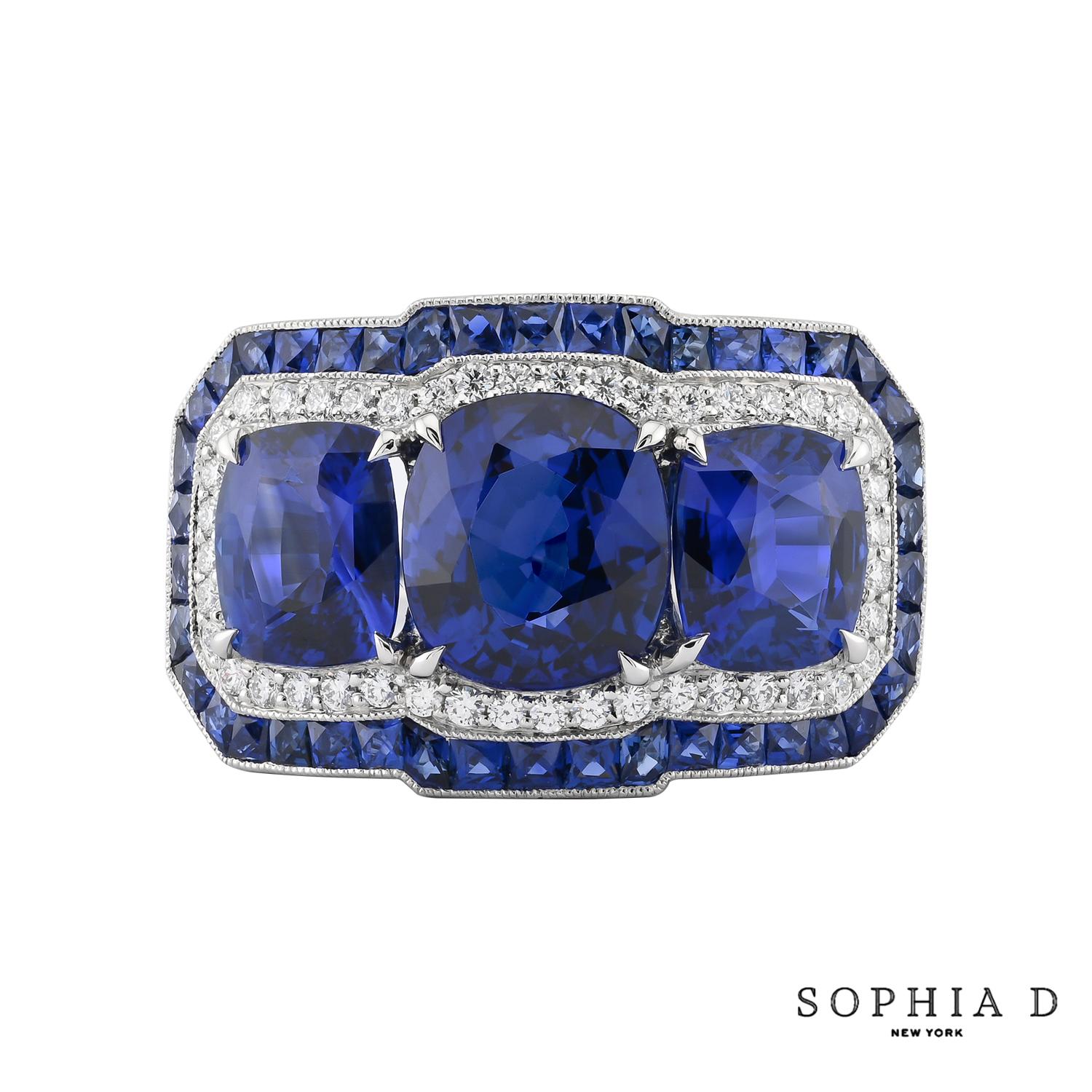 Sophia D. Three-Stone Blue Sapphire Ring In New Condition For Sale In New York, NY