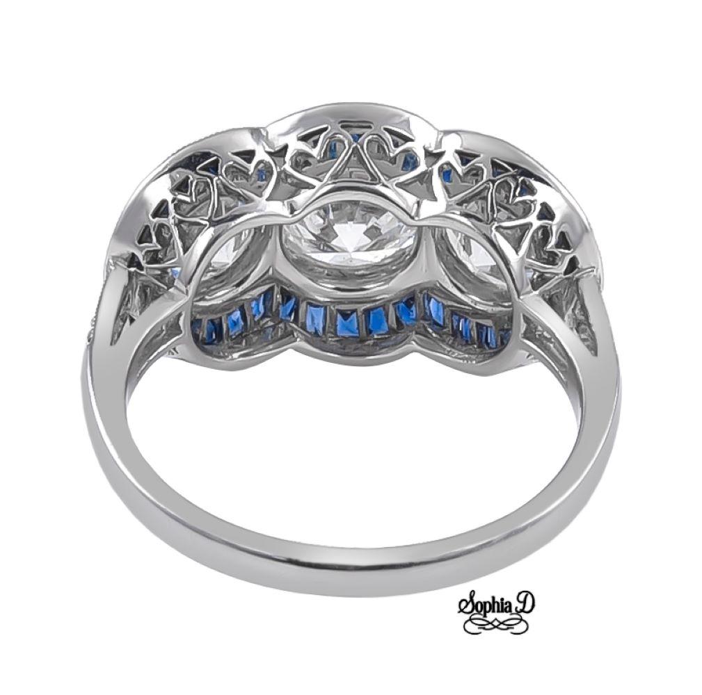 Art Deco Sophia D. Three-Stone Diamond and Blue Sapphire Platinum Ring For Sale