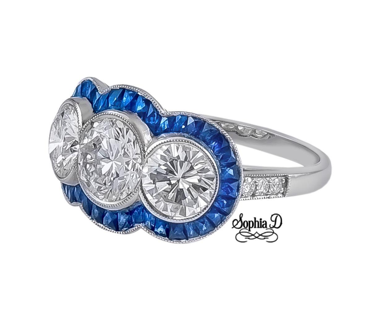 Round Cut Sophia D. Three-Stone Diamond and Blue Sapphire Platinum Ring For Sale