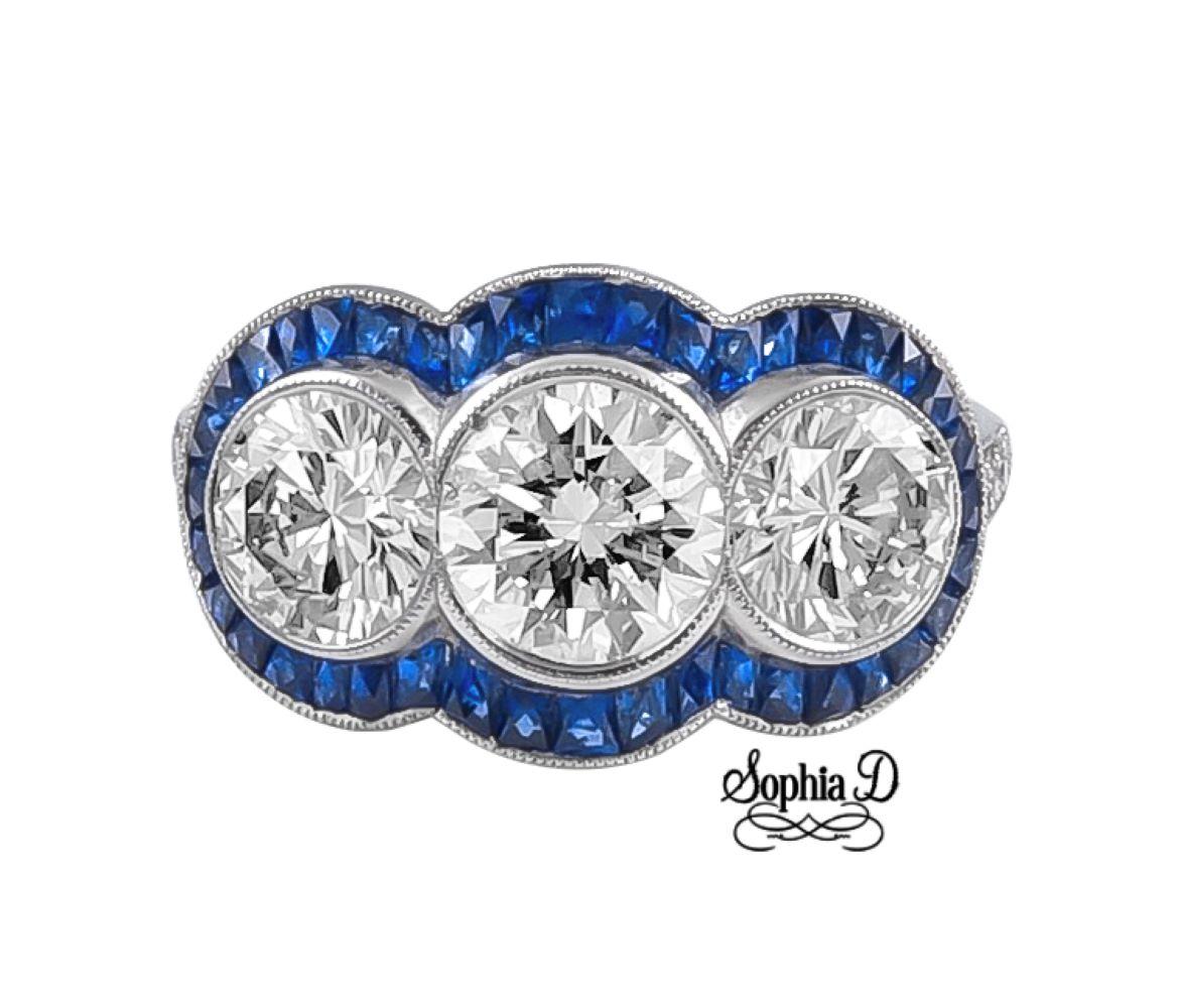 Sophia D. Three-Stone Diamond and Blue Sapphire Platinum Ring In New Condition For Sale In New York, NY