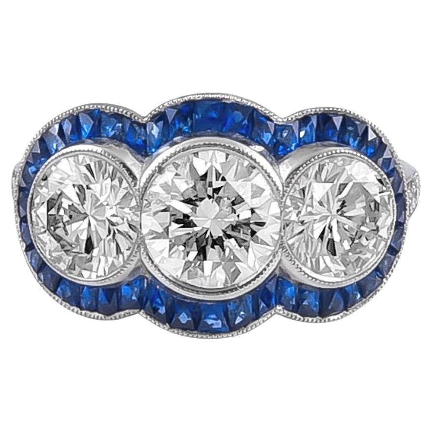 Sophia D. Three-Stone Diamond and Blue Sapphire Platinum Ring For Sale