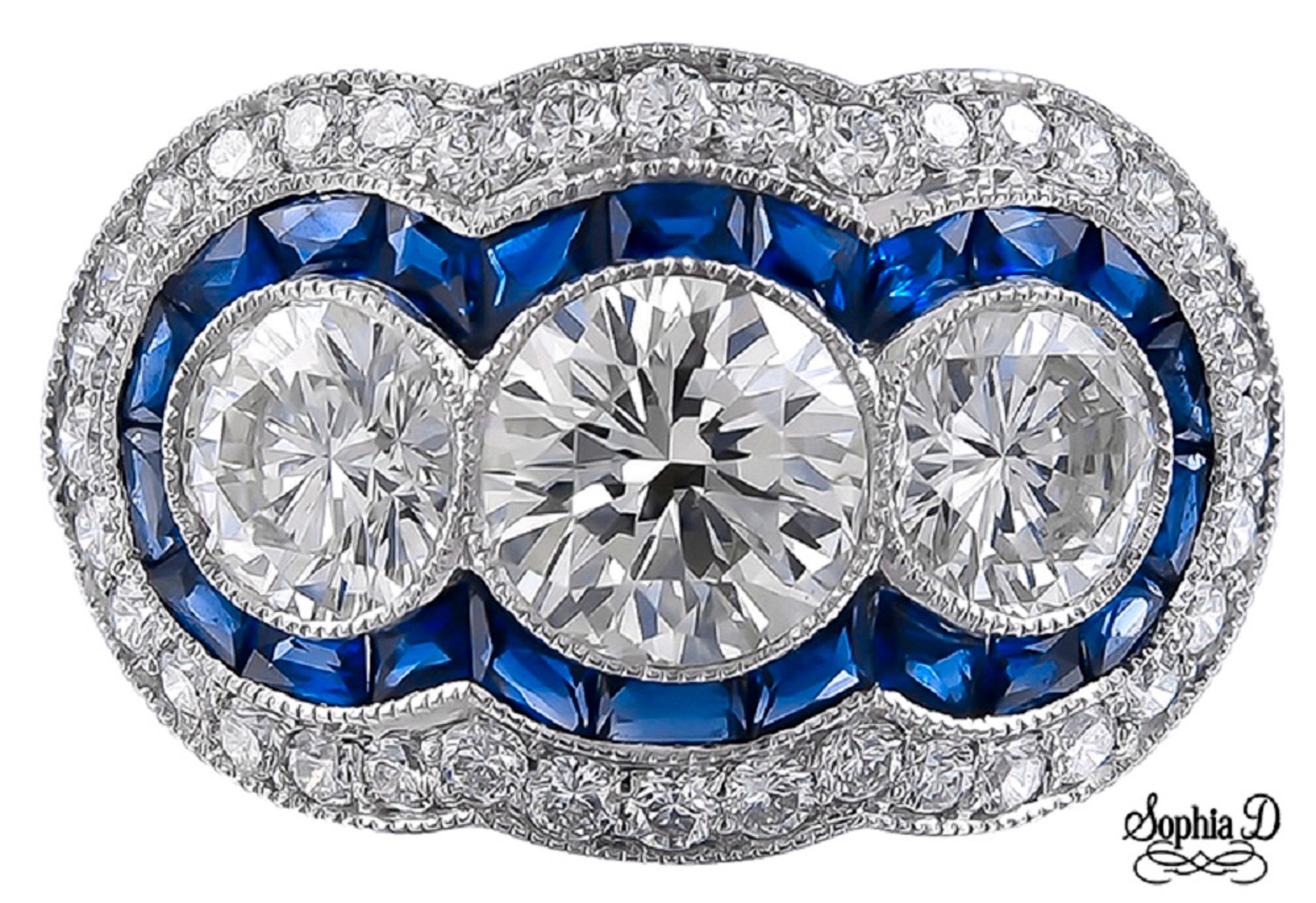 Anello con tre pietre di diamanti e zaffiri di Sophia D. In condizioni Nuovo in vendita a New York, NY