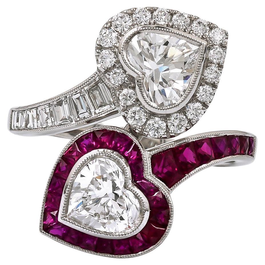 Sophia D. Toi et Moi Heart Shaped Diamond Platinum Ring For Sale
