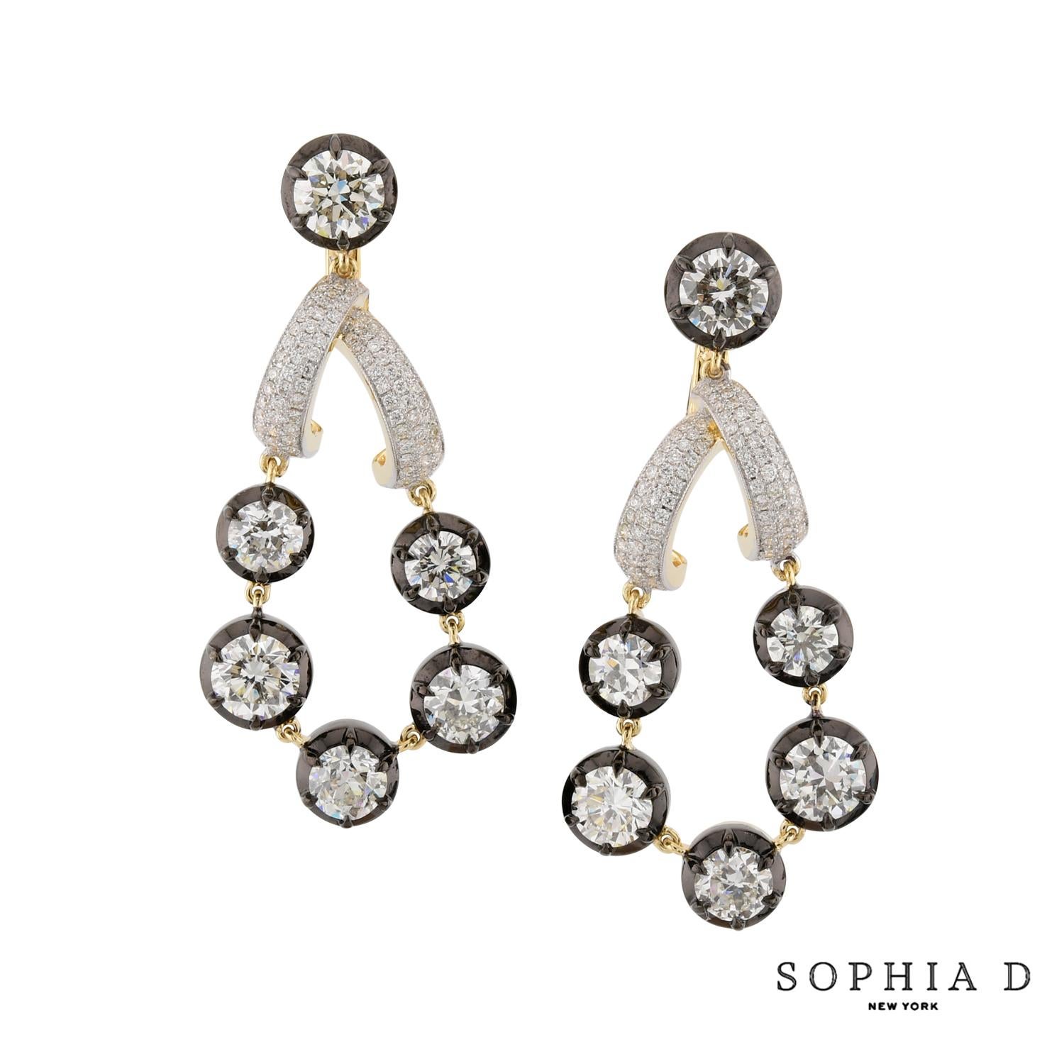 Sophia D Vintage Style Round Diamond Drop Earrings in 18K Yellow Gold and Silver For Sale