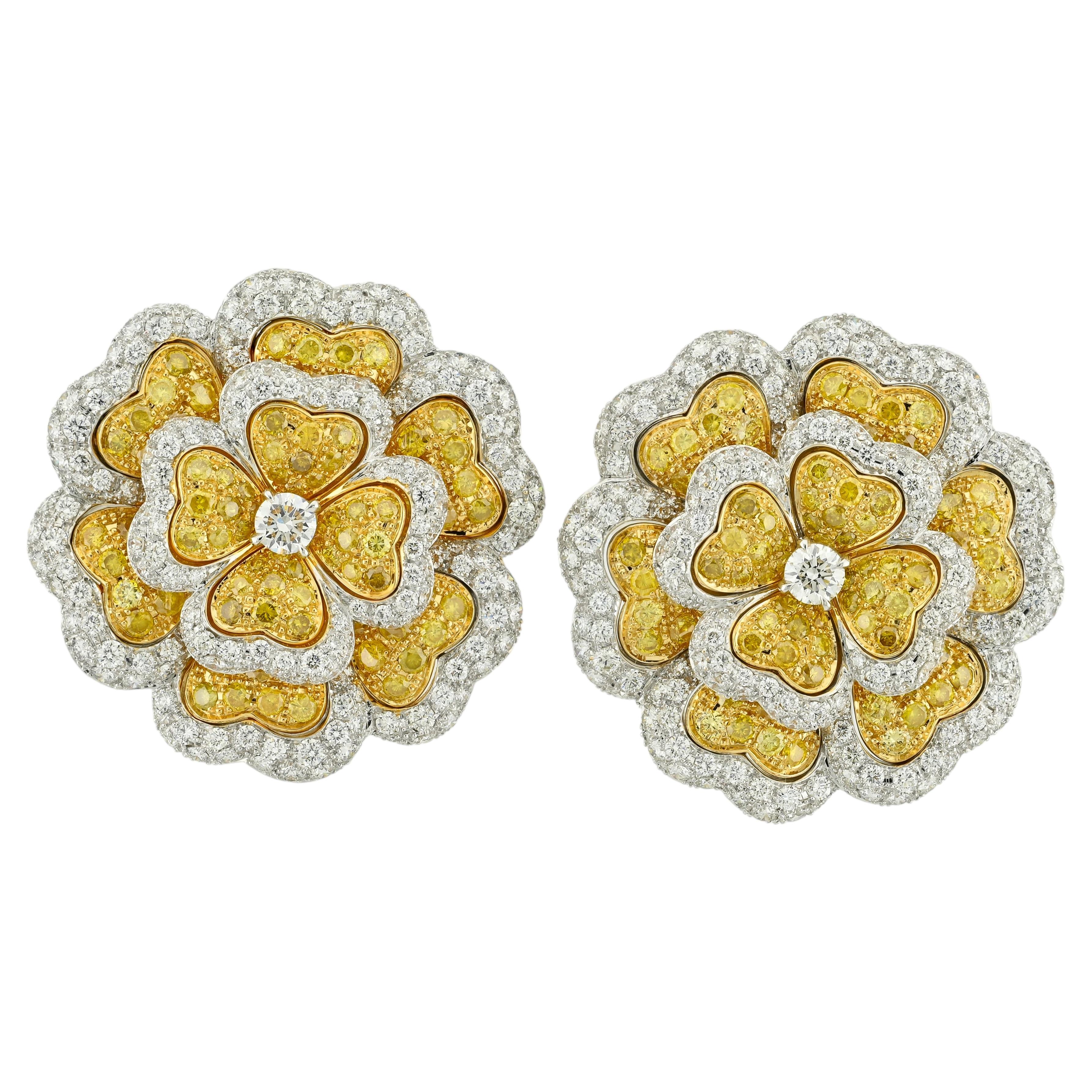 Sophia D Yellow and White Diamond Floral Earrings Platinum and 18K Yellow Gold