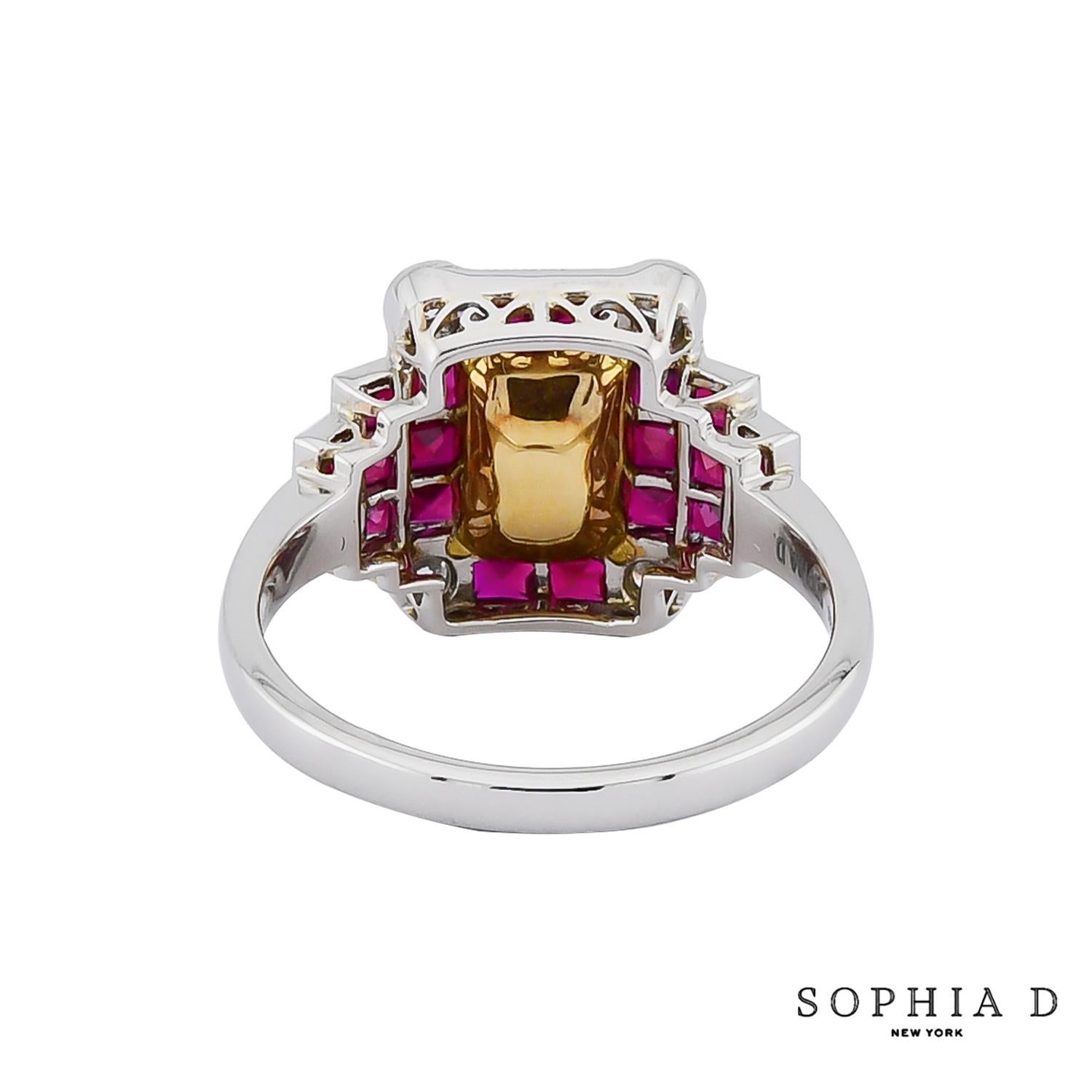 Taille française Sophia D. Bague de style Art déco en diamant jaune et rubis en vente