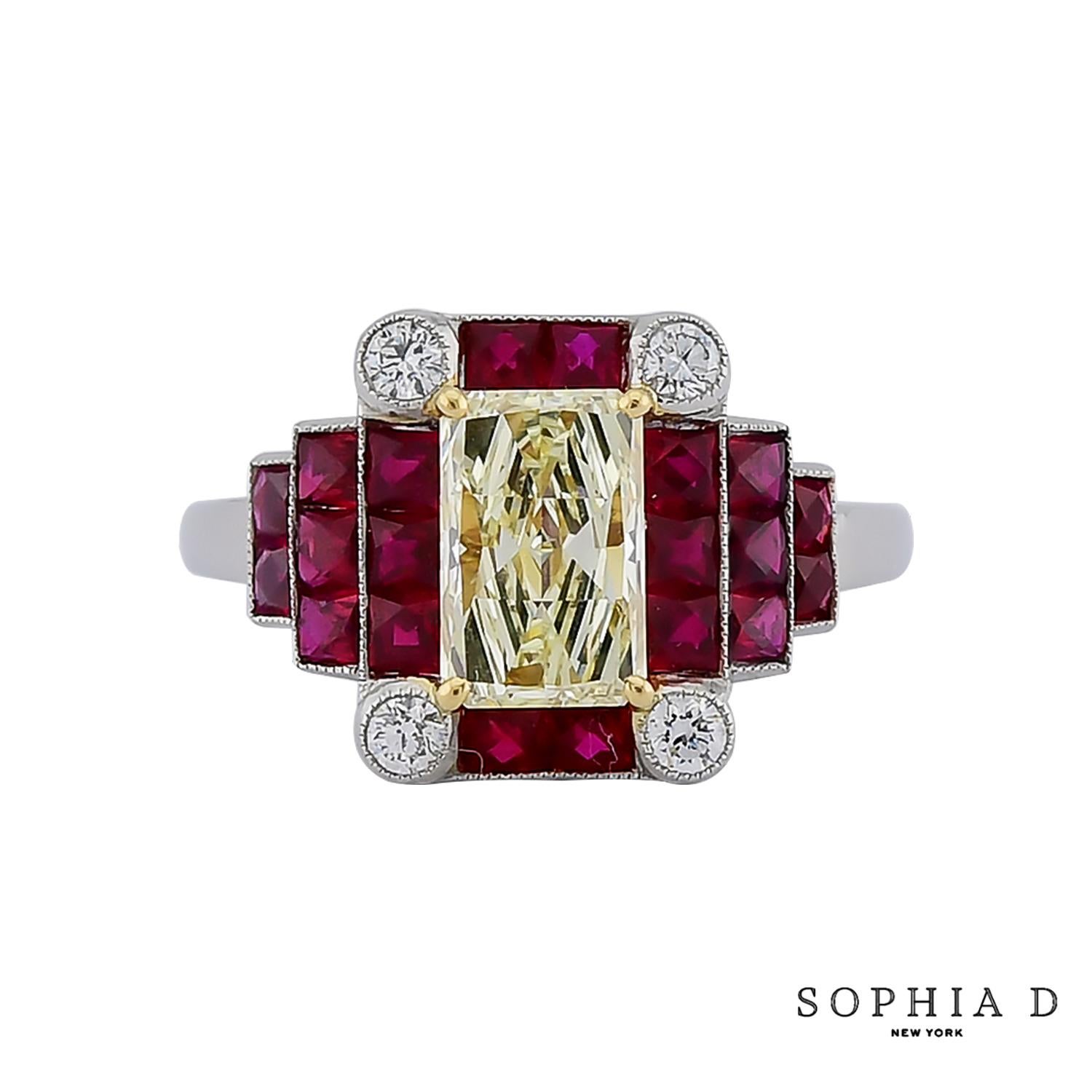 Sophia D. Bague de style Art déco en diamant jaune et rubis Neuf - En vente à New York, NY
