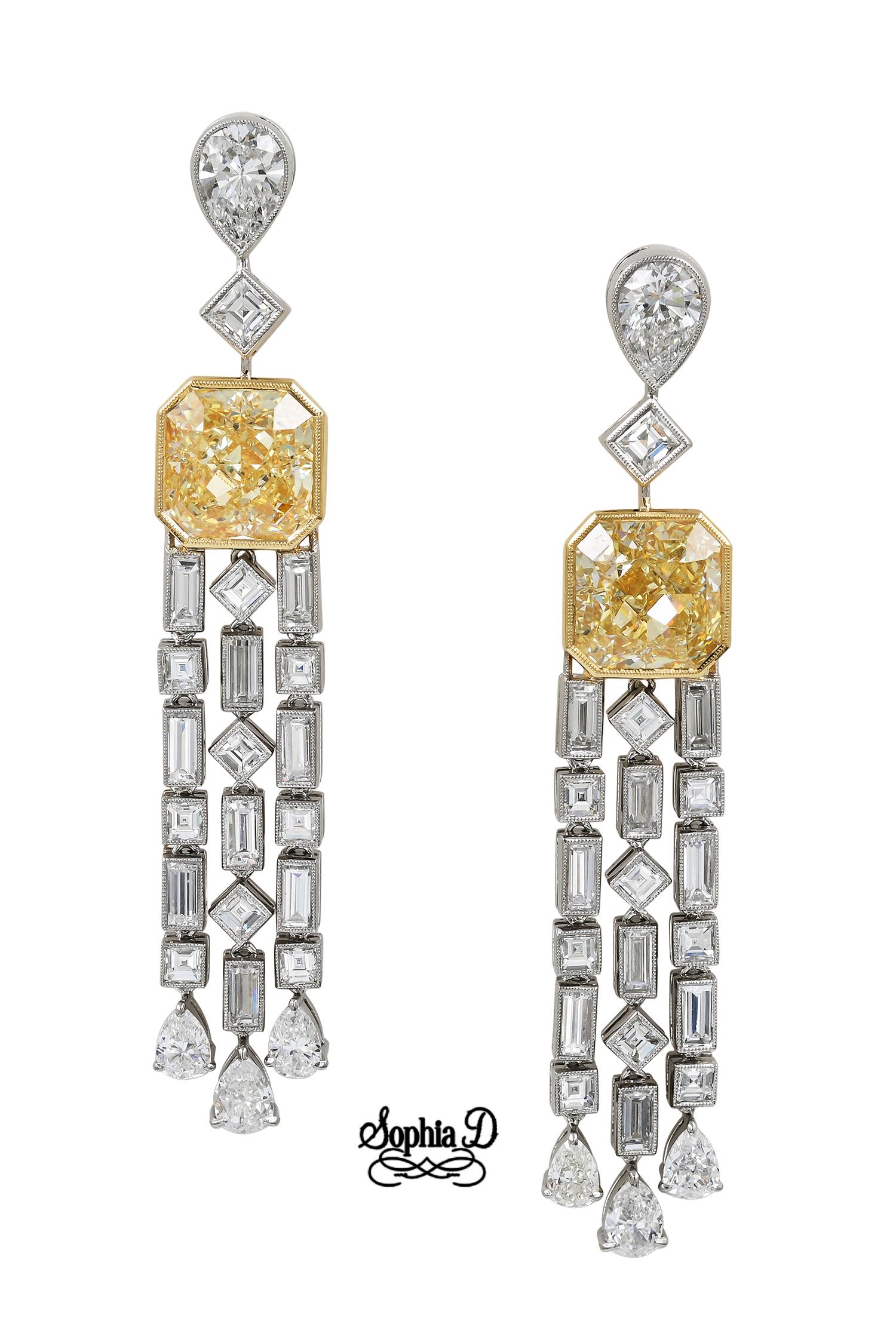 Asscher Cut Sophia D. Yellow Diamond and White Diamond Platinum Earrings  For Sale