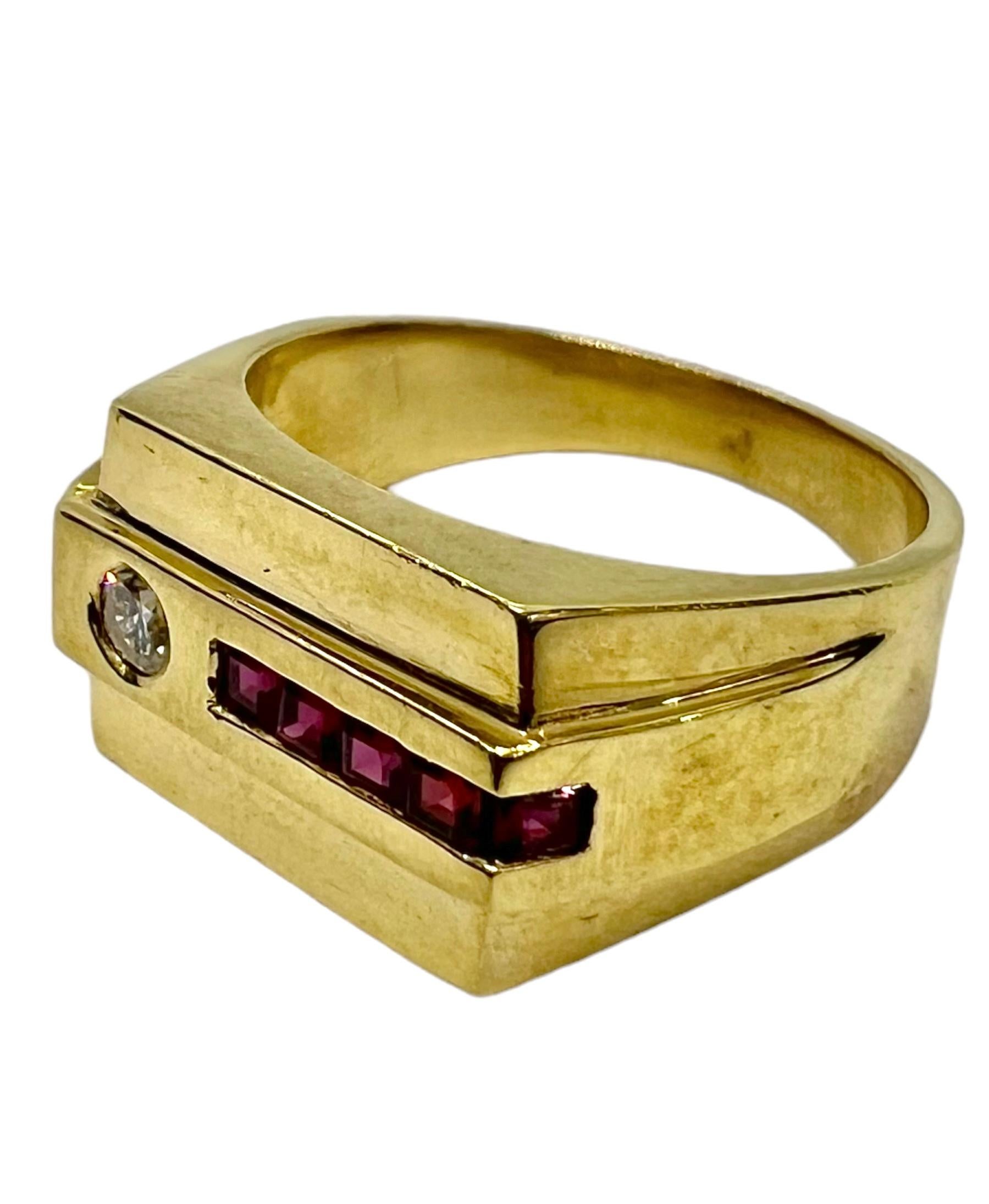 Yellow gold ring with square cut rubies and round diamonds.

Sophia D by Joseph Dardashti LTD has been known worldwide for 35 years and are inspired by classic Art Deco design that merges with modern manufacturing techniques. 