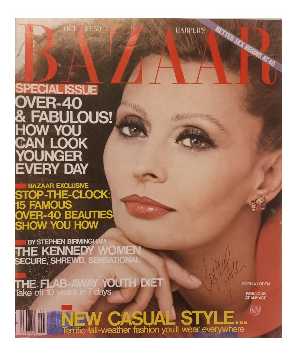 A vintage 1980 Harper's Bazaar magazine cover signed by Hollywood legend Sophia Loren
Sophia Loren (1934 -) is an Italian actress, renowned as one of the greatest female stars of Classical Hollywood cinema.



Loren starred in almost 100 films
