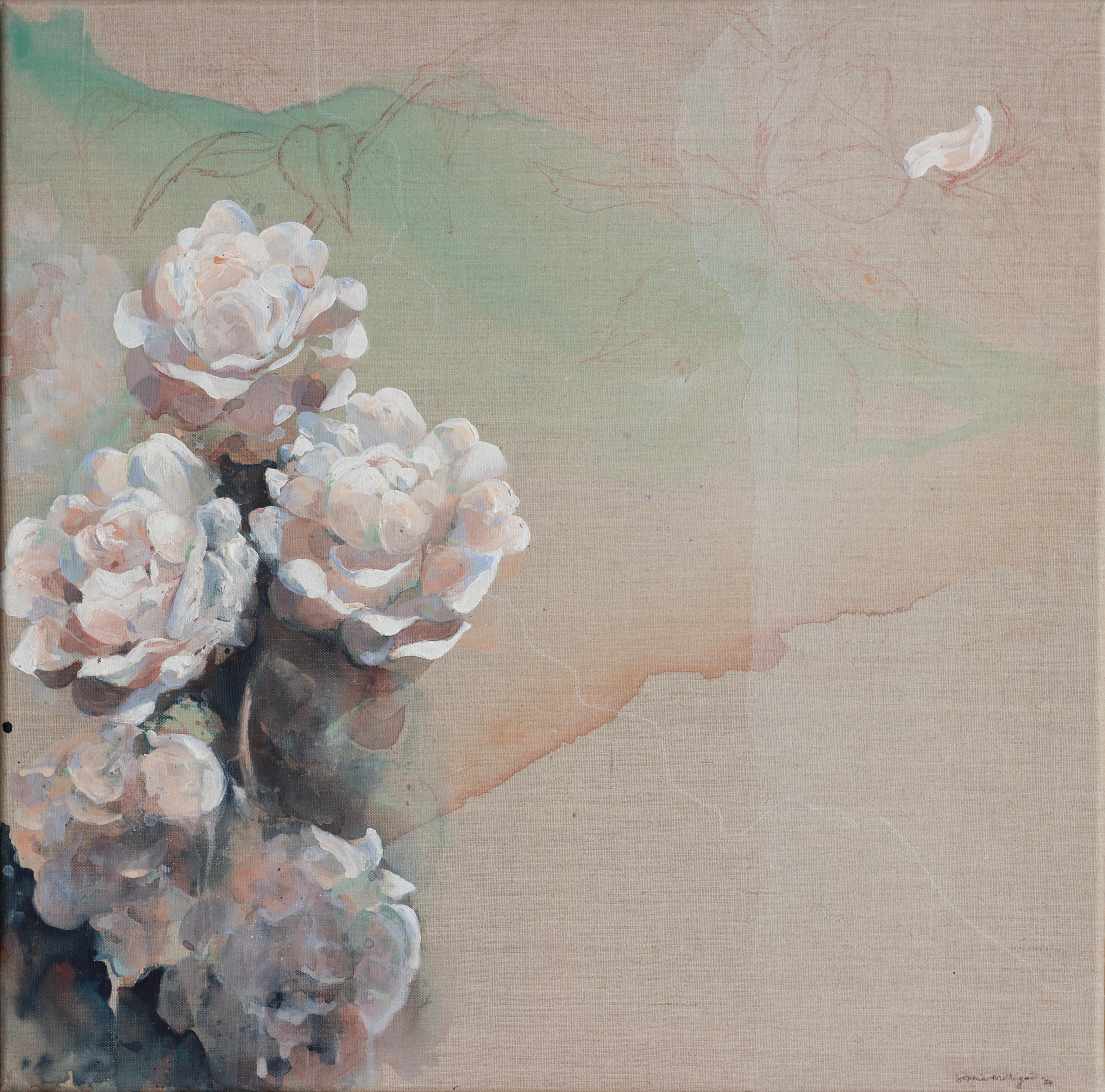 Sophia Milligan Still-Life Painting - 
Ashes From the Snow
. Roses on raw linen, oak frame. Contemporary floral nature