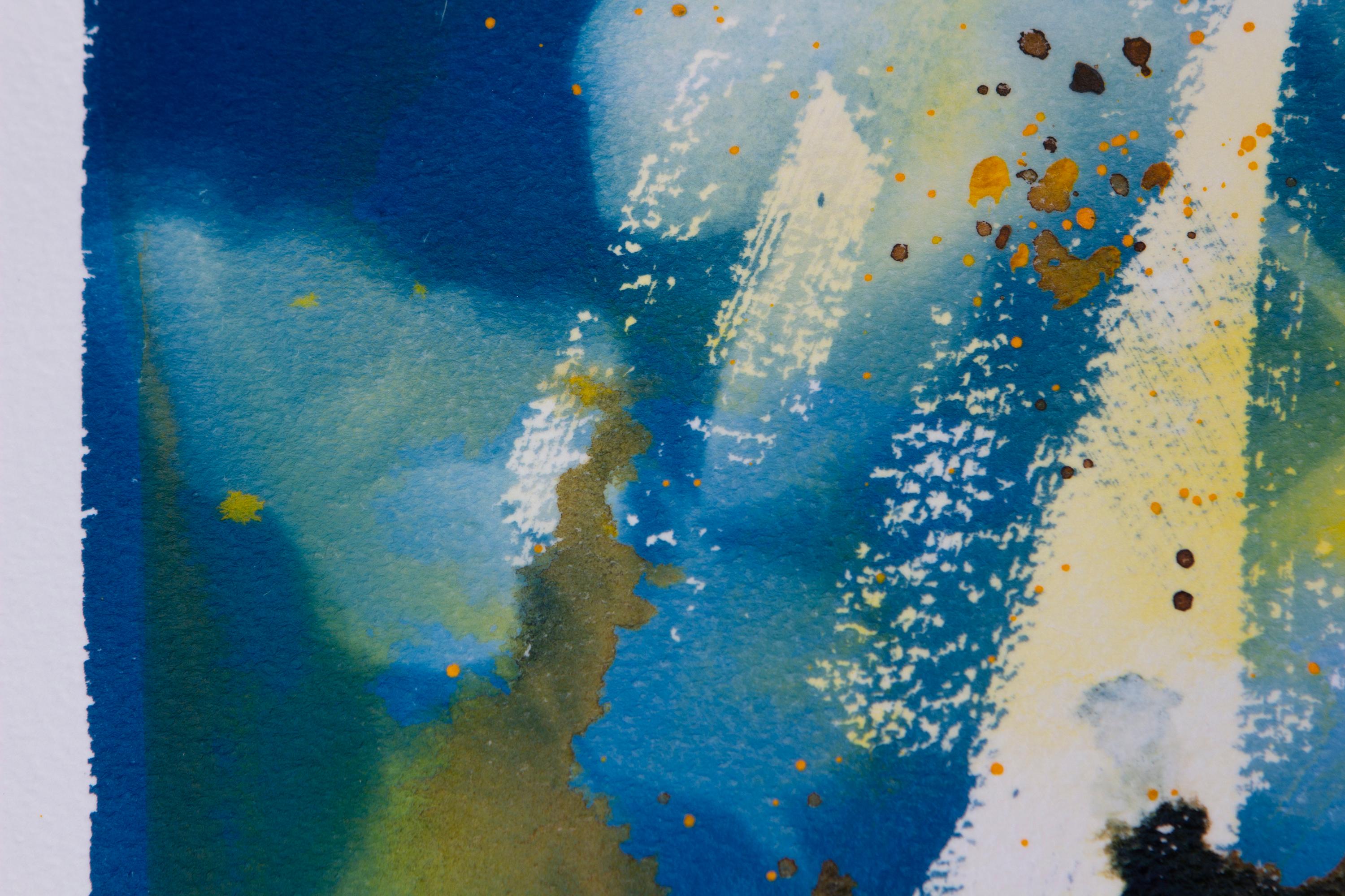 'Agosto, benvenuto'. Rose botaniche fiori astratti giallo blu marrone moderno - Art Impressionismo astratto di Sophia Milligan