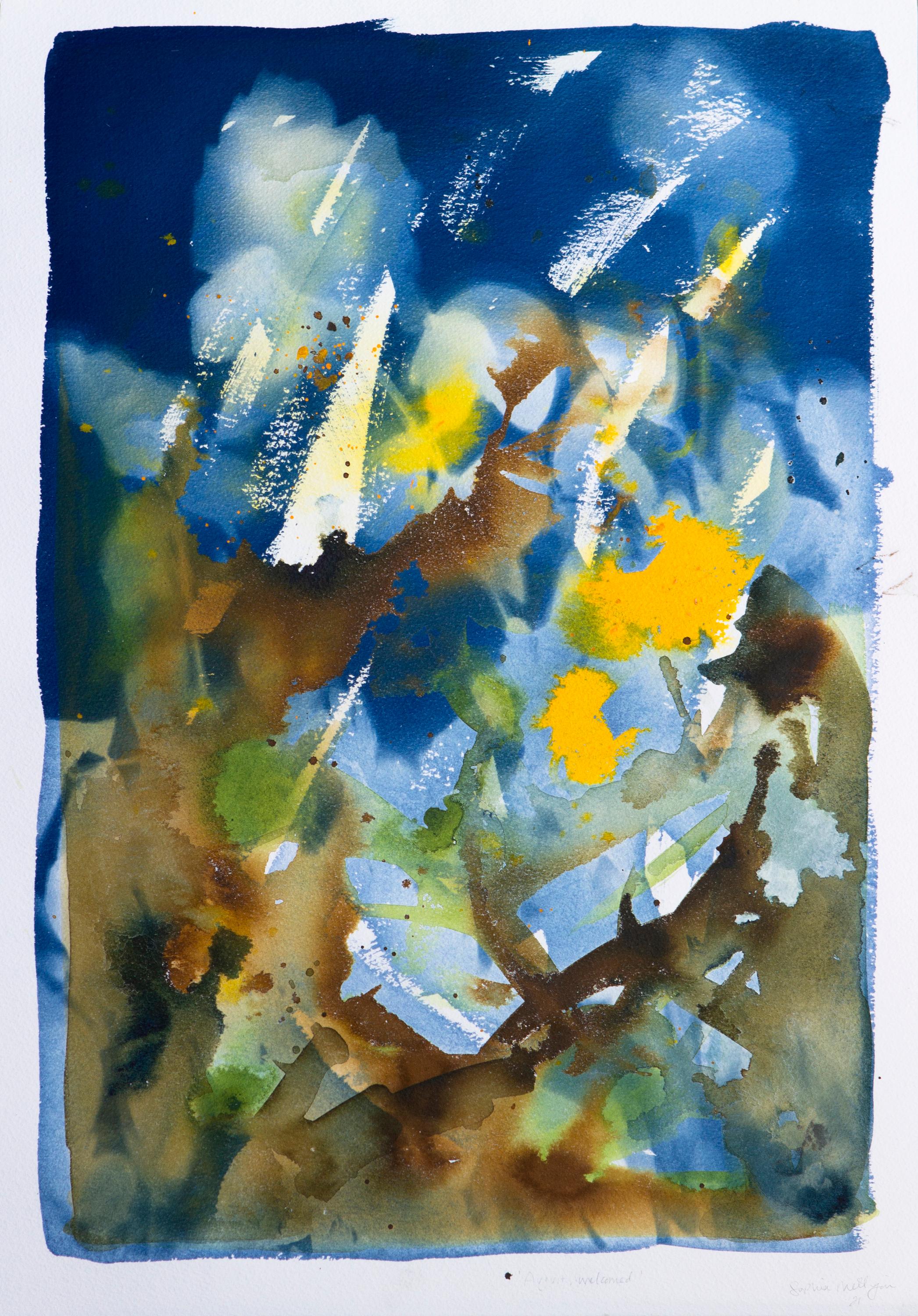 Sophia Milligan Abstract Drawing – August, herzlich willkommen". botanische Rosenblüten abstrakt gelb blau braun modern