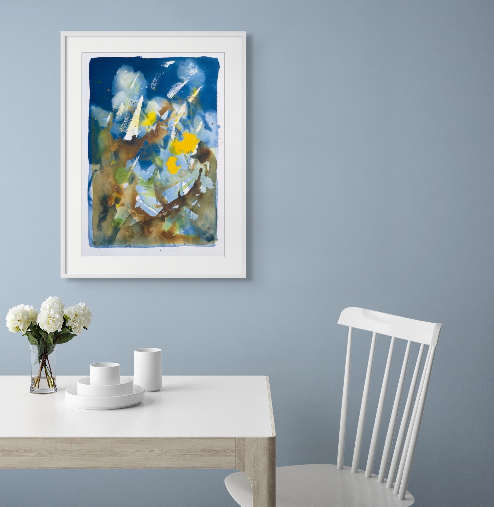 'Agosto, benvenuto'. Rose botaniche fiori astratti giallo blu marrone moderno - Art di Sophia Milligan