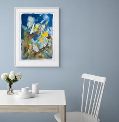 'Agosto, bienvenido'. Botánico rosas flores abstracto amarillo azul marrón moderno