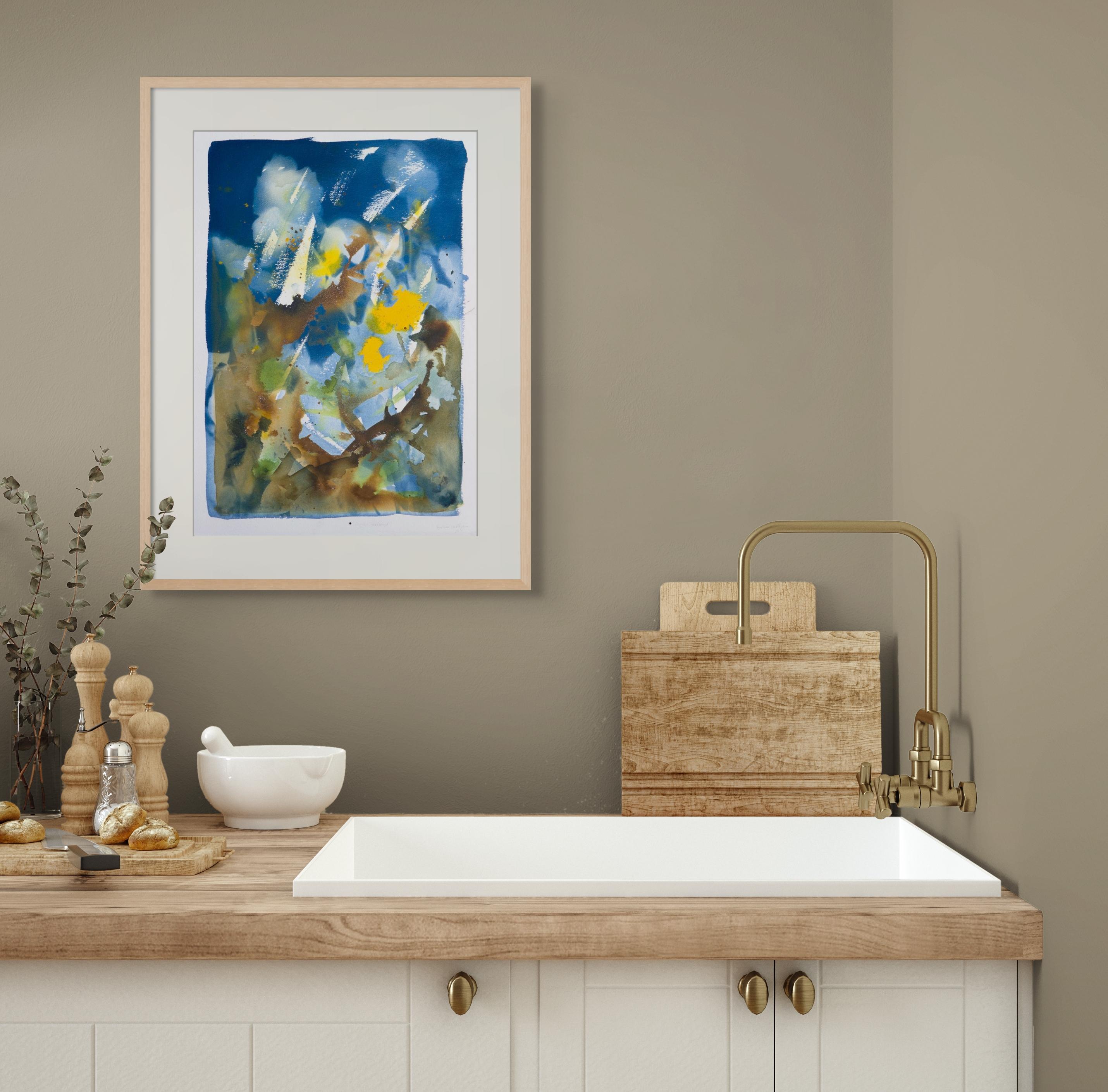 'Agosto, benvenuto'. Rose botaniche fiori astratti giallo blu marrone moderno in vendita 4